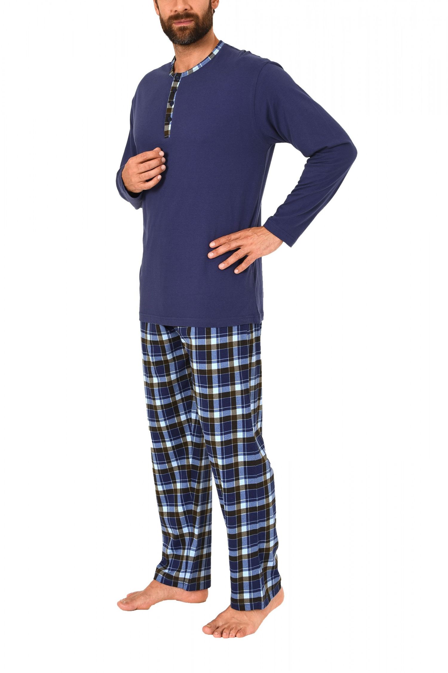 Herren Pyjama lang – Hose kariert Oberteil uni – Mix and Match Single-Jersey, 61567 Herren Pyjama lang – Hose kariert Oberteil uni – Mix and Match Single-Jersey, 61567