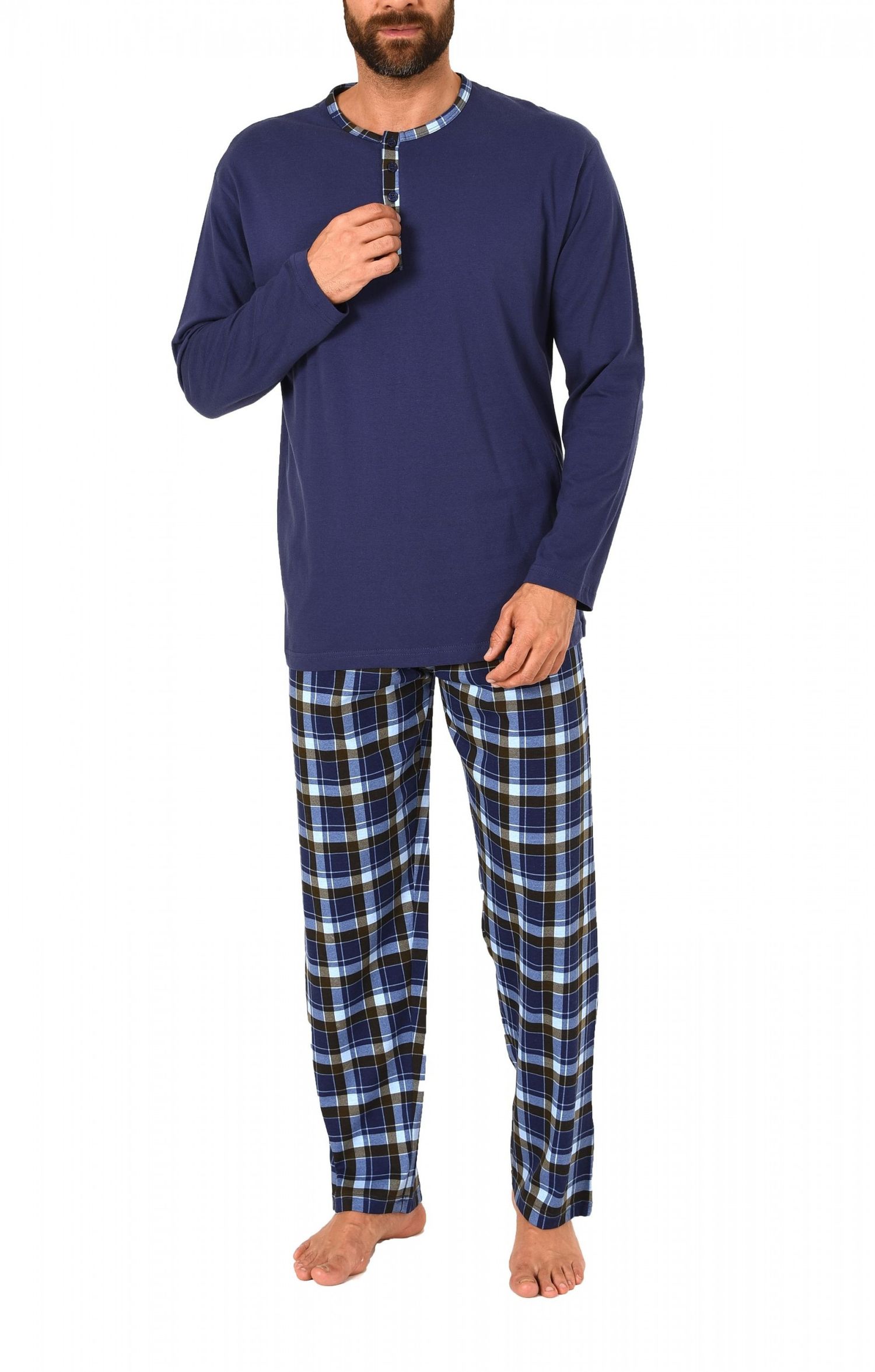Herren Pyjama lang – Hose kariert Oberteil uni – Mix and Match Single-Jersey, 61567 Herren Pyjama lang – Hose kariert Oberteil uni – Mix and Match Single-Jersey, 61567
