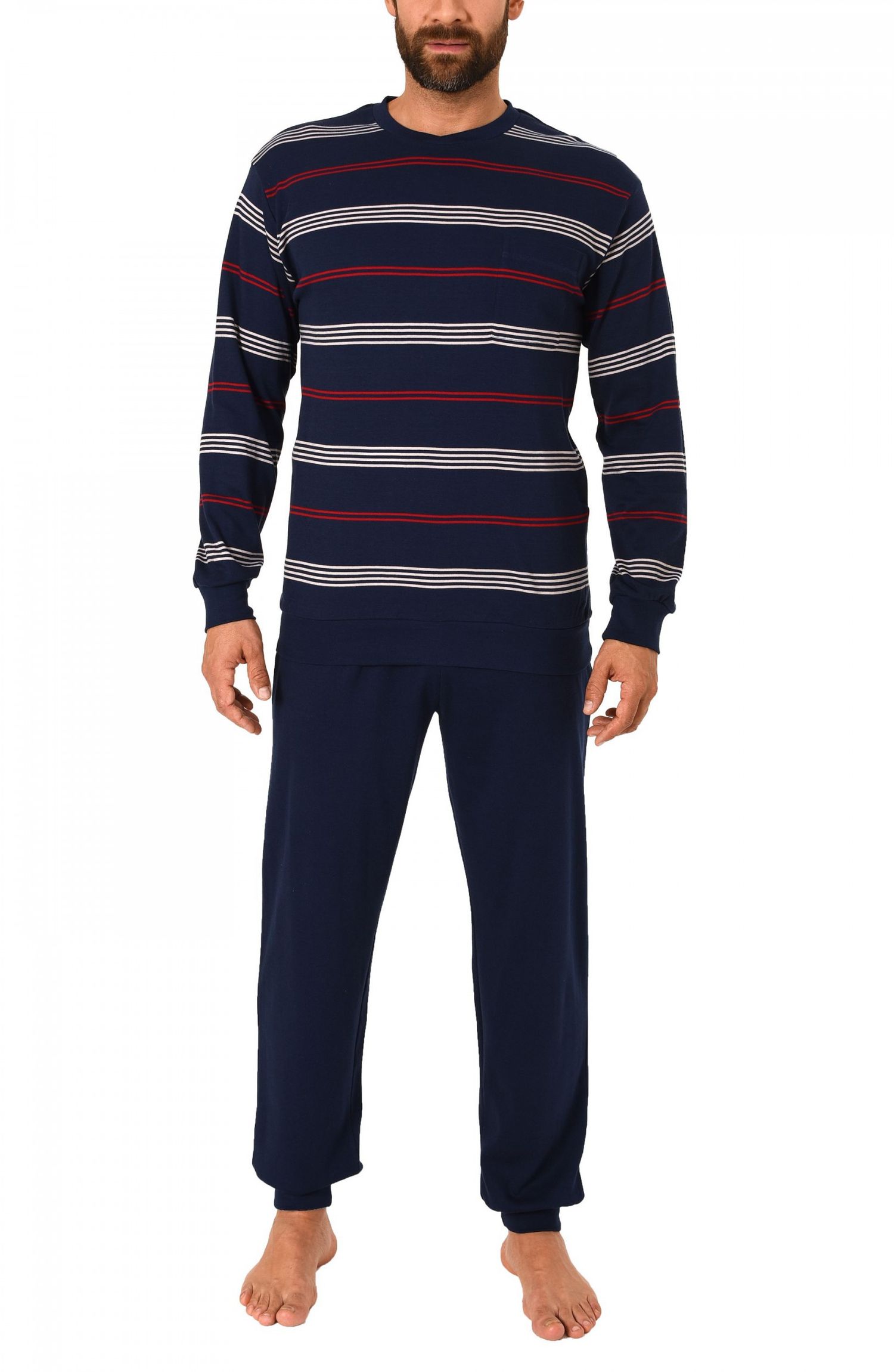 Eleganter Herren Pyjama Schlafanzug langarm mit Bündchen in Streifenoptik – 61446