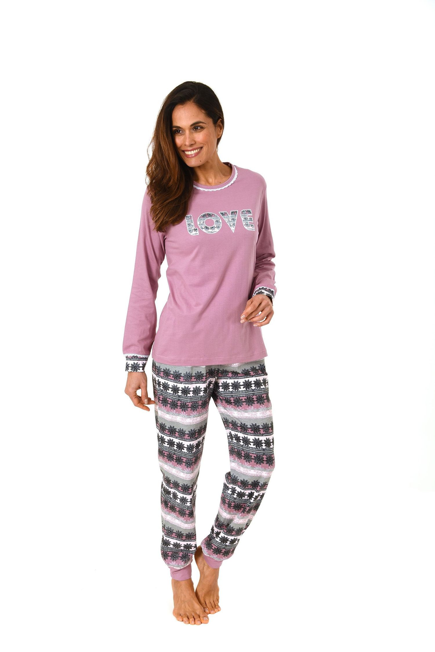 Cooler Damen Pyjama Schlafanzug langarm mit Bündchen und Motivspruch "Love" – 61559