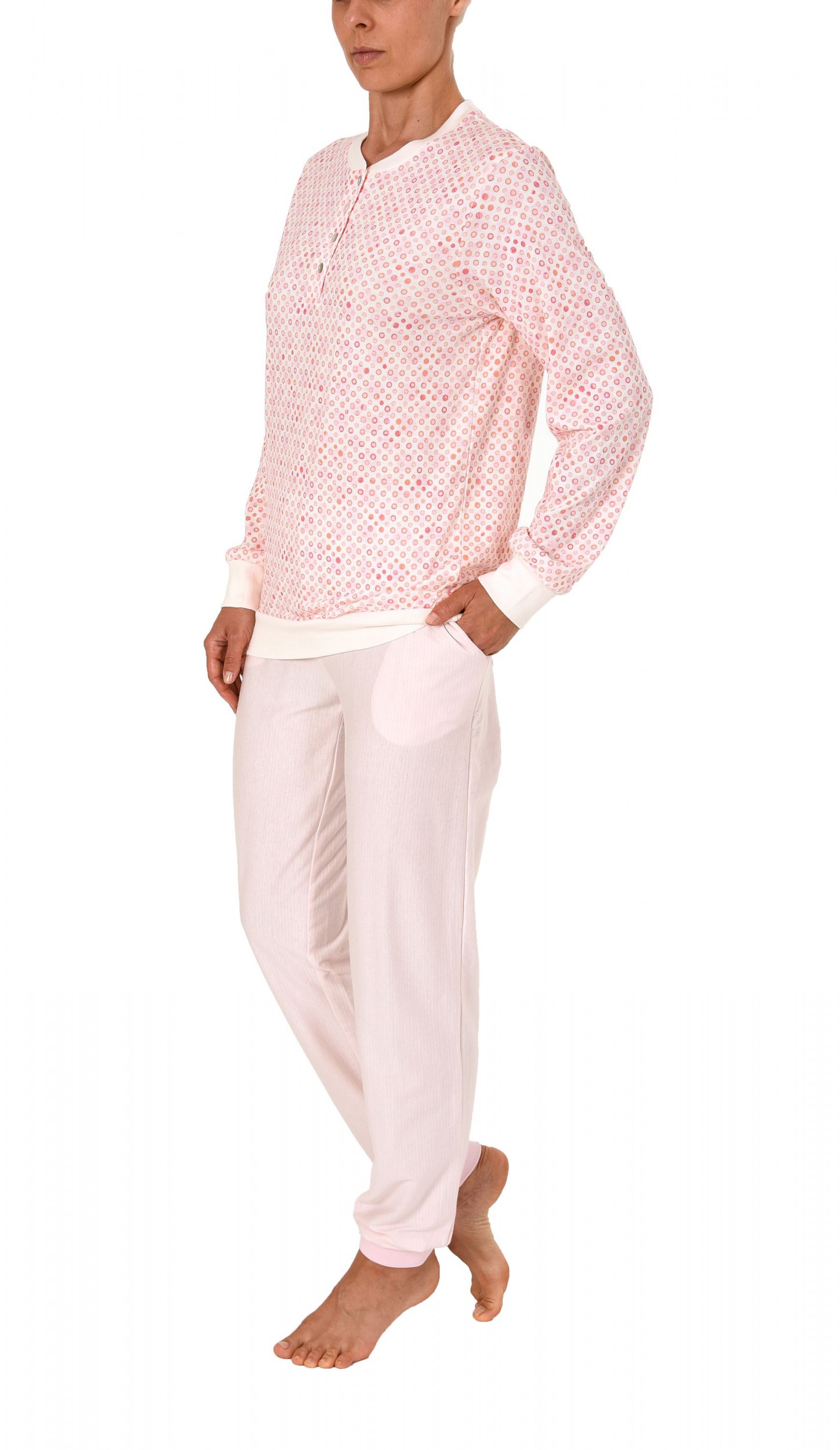 Damen Pyjama Schlafanzug langarm mit Bündchen, Knopfleiste am Hals und Tupfenoptik - 61657 Damen Pyjama Schlafanzug langarm mit Bündchen, Knopfleiste am Hals und Tupfenoptik - 61657