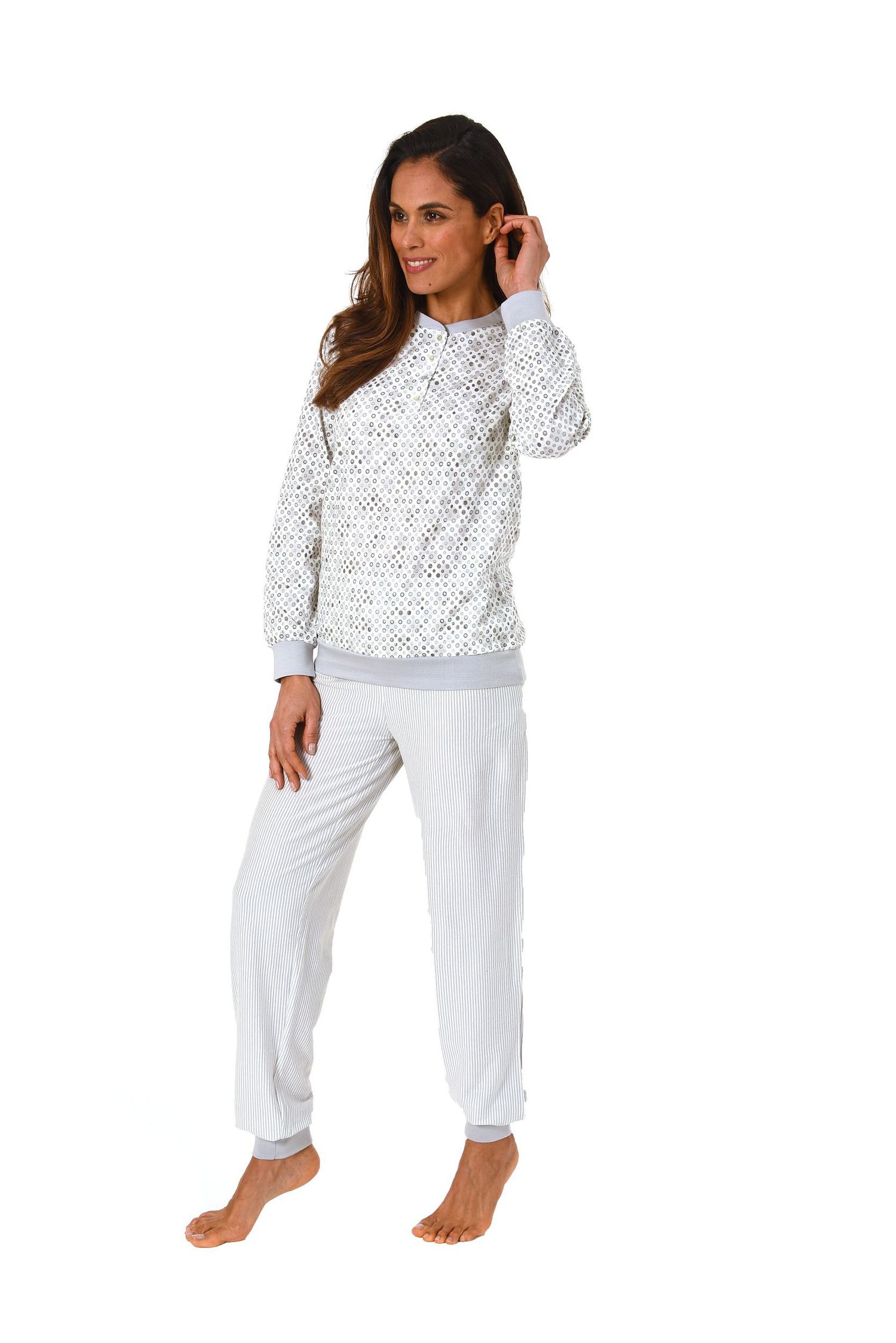 Damen Pyjama Schlafanzug langarm mit Bündchen, Knopfleiste am Hals und Tupfenoptik - 61657