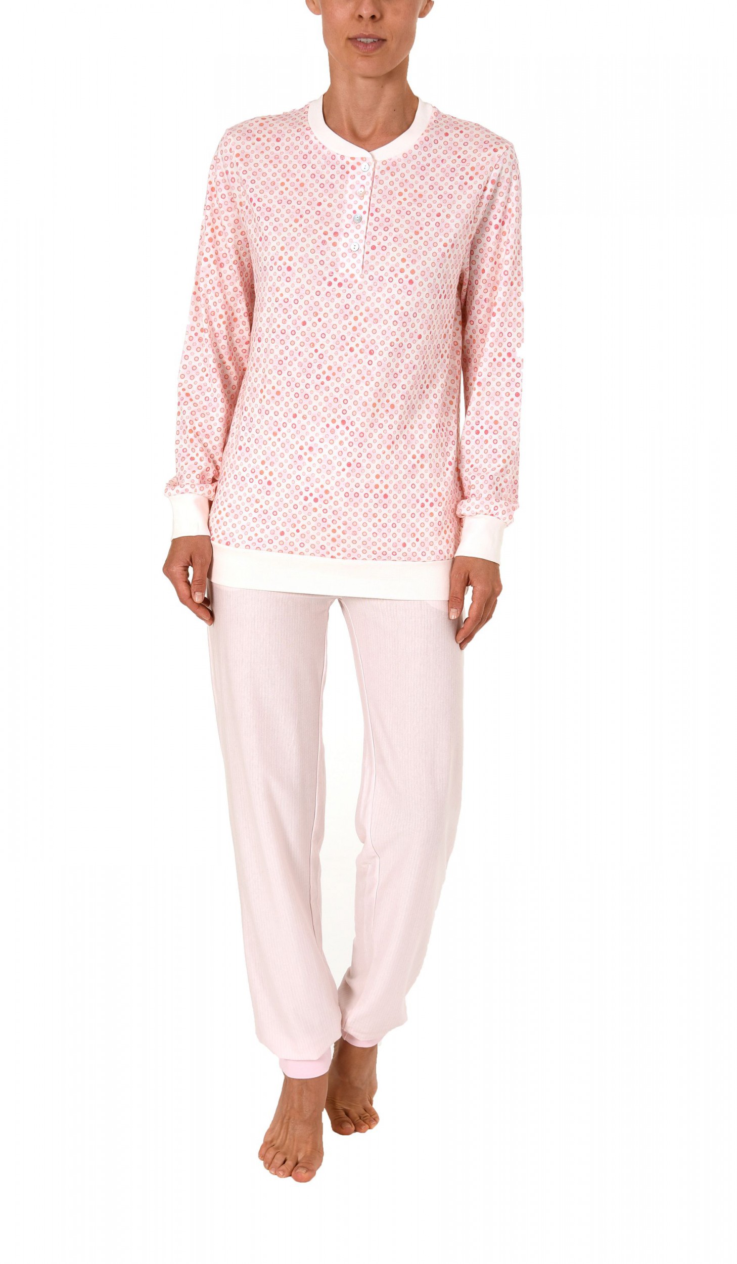 Damen Pyjama Schlafanzug langarm mit Bündchen, Knopfleiste am Hals und Tupfenoptik - 61657 Damen Pyjama Schlafanzug langarm mit Bündchen, Knopfleiste am Hals und Tupfenoptik - 61657