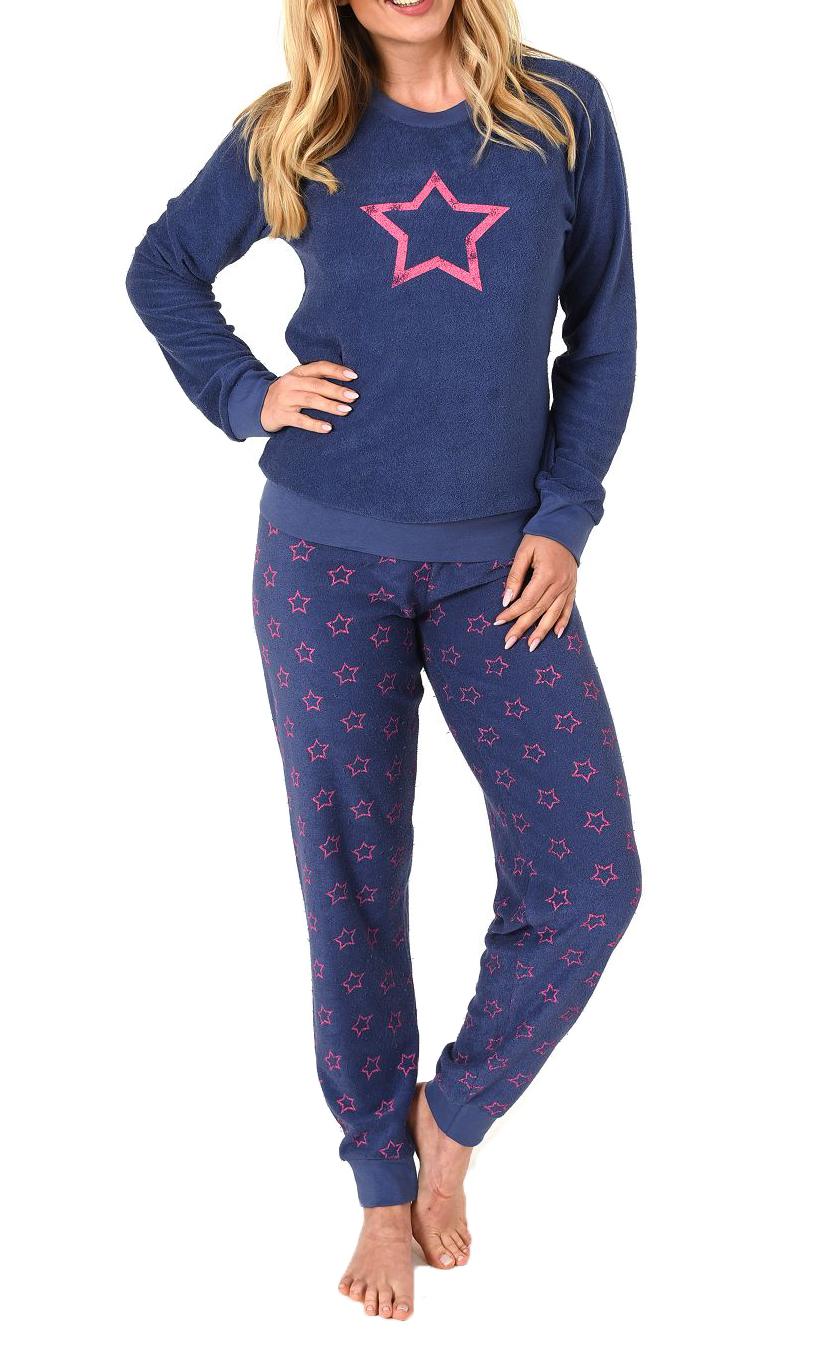 Damen Frottee Pyjama mit Bündchen, langer Schlafanzug in Stern-Design - 59903