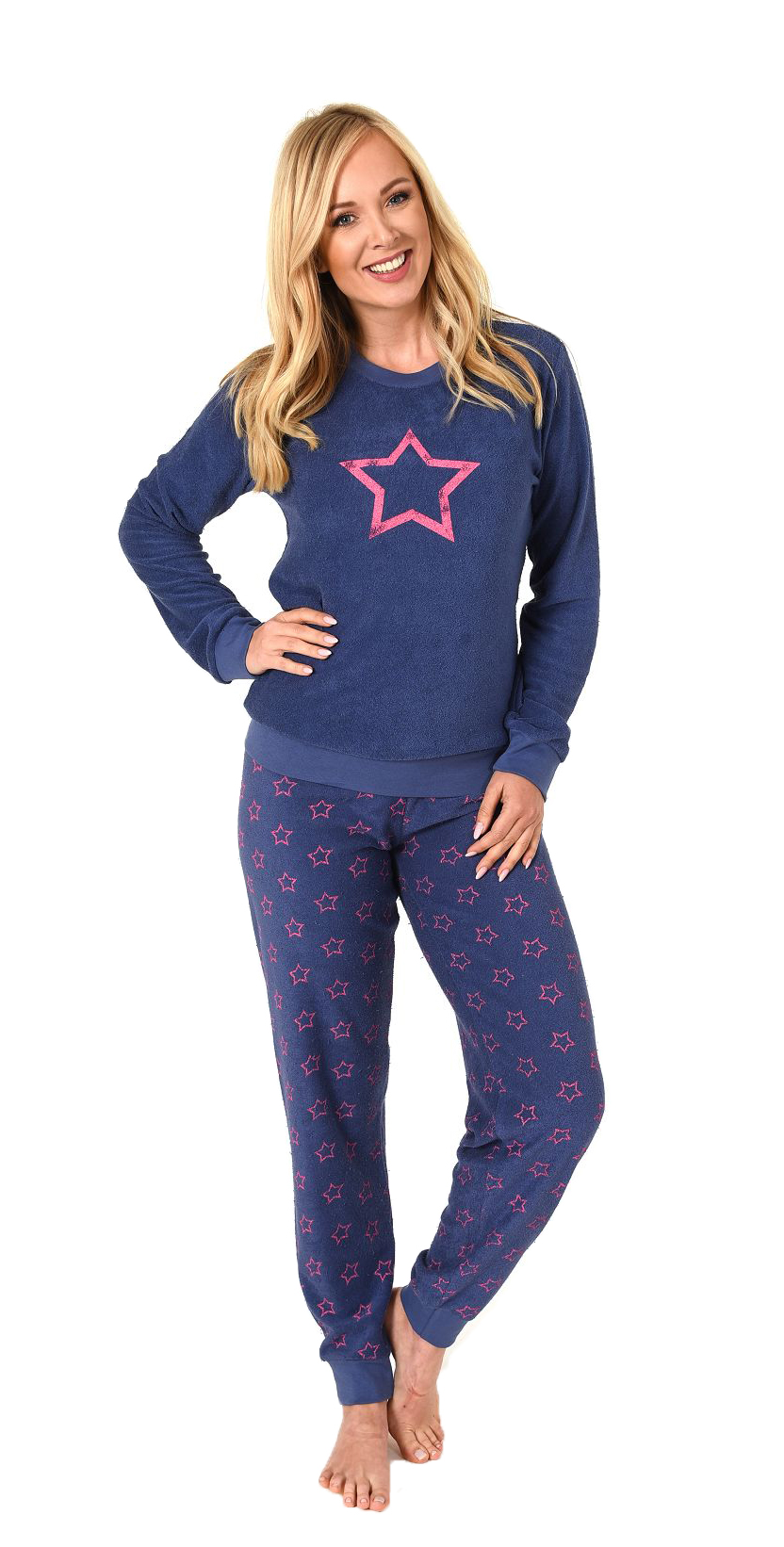 Damen Frottee Pyjama mit Bündchen, langer Schlafanzug in Stern-Design - 59903