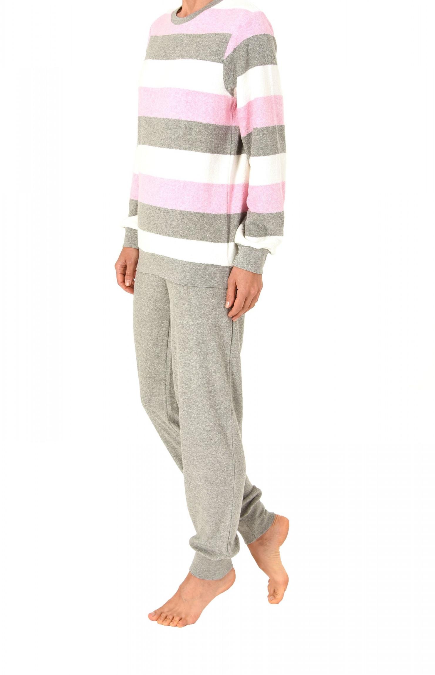 Damen Frottee Pyjama lang mit Bündchen in einer tollen Streifenoptik – 62054