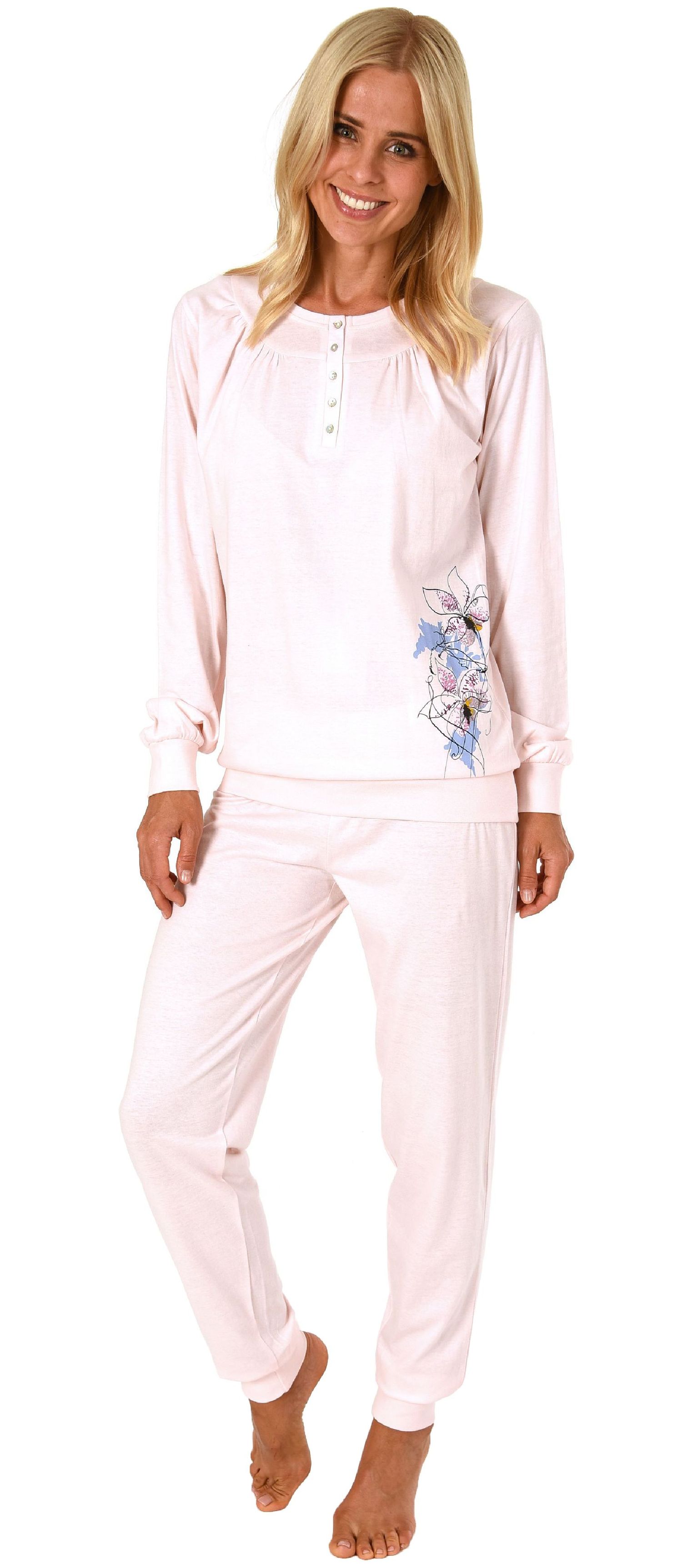 Klassischer Damen Pyjama Schlafanzug mit Bündchen, Knopfleiste und Blume als Motiv 191 201 90 312 Klassischer Damen Pyjama Schlafanzug mit Bündchen, Knopfleiste und Blume als Motiv 191 201 90 312