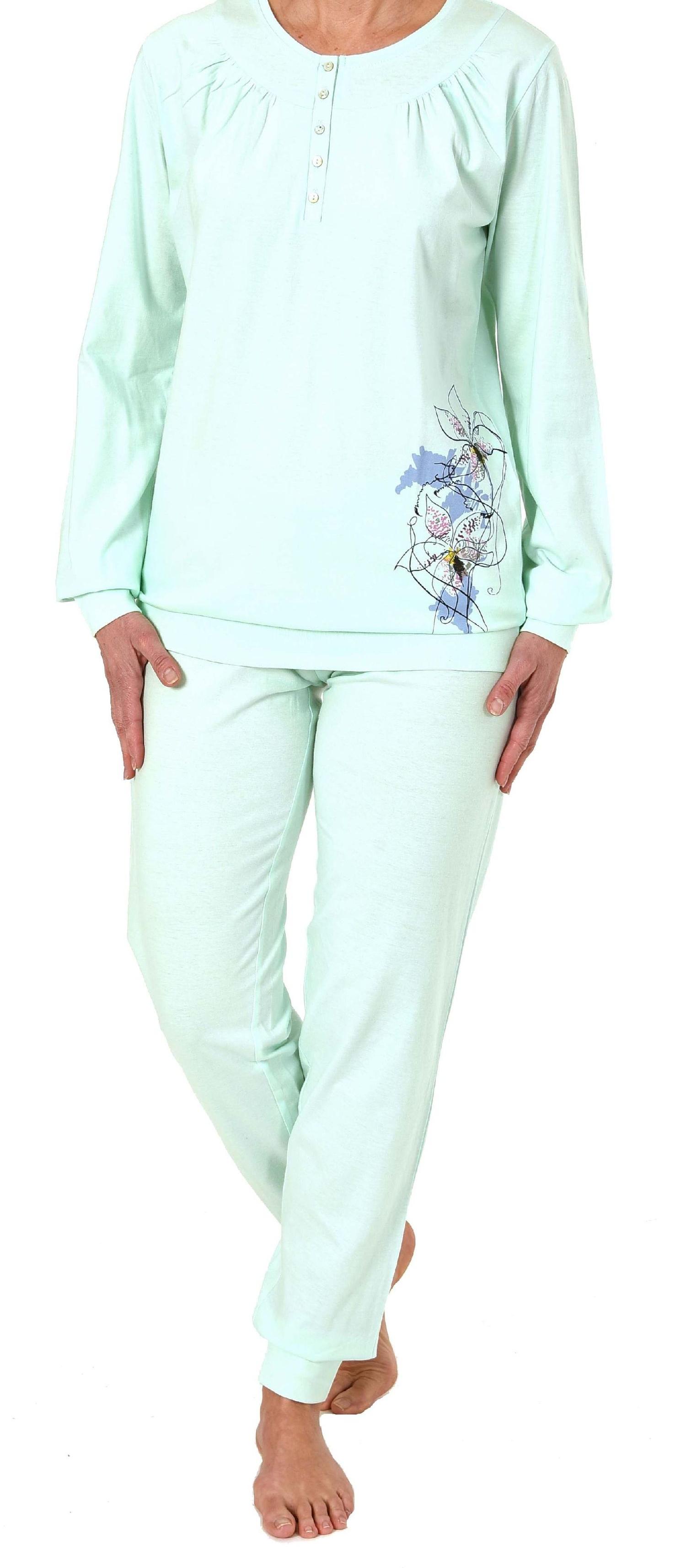 Klassischer Damen Pyjama Schlafanzug mit Bündchen, Knopfleiste und Blume als Motiv 191 201 90 312