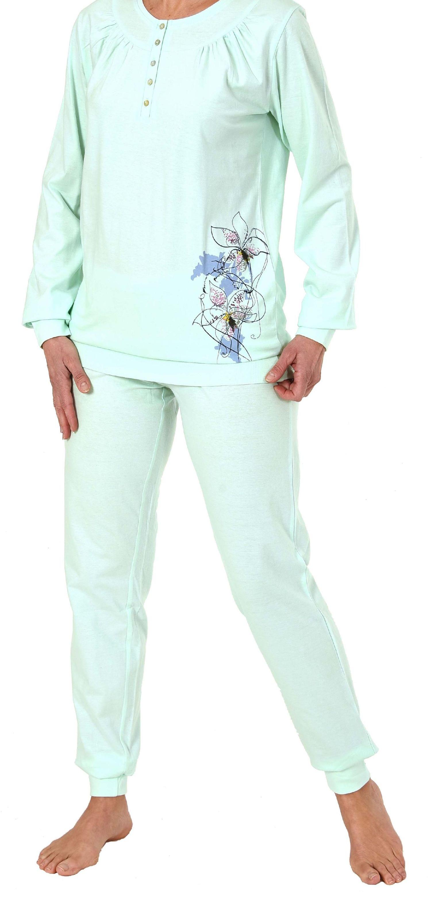Klassischer Damen Pyjama Schlafanzug mit Bündchen, Knopfleiste und Blume als Motiv 191 201 90 312