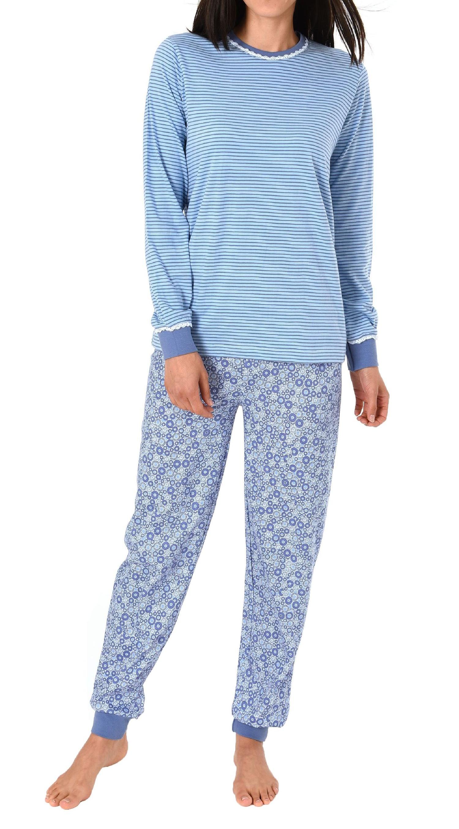 Damen Pyjama Schlafanzug langarm mit Bündchen und Spitze – auch in Übergrössen bis Grösse 60/62 - 191 201 90 838