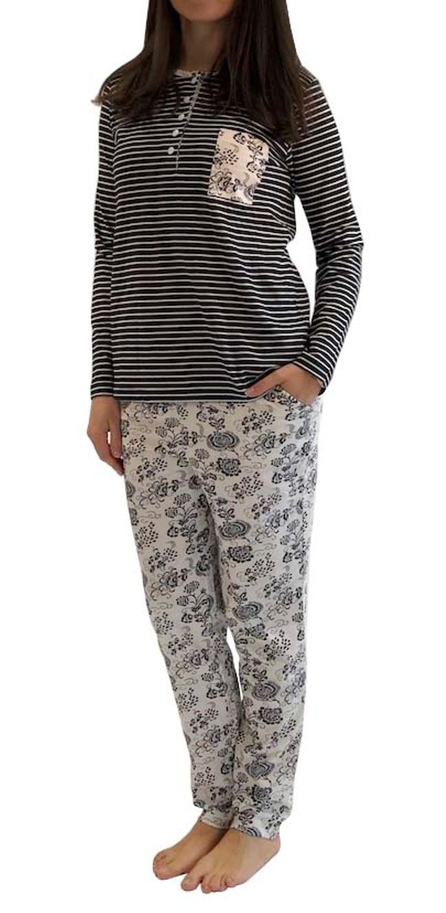 Normann Damen Pyjama lang, Oberteil gestreift, Hose Blümchenmuster – 191 201 90 881