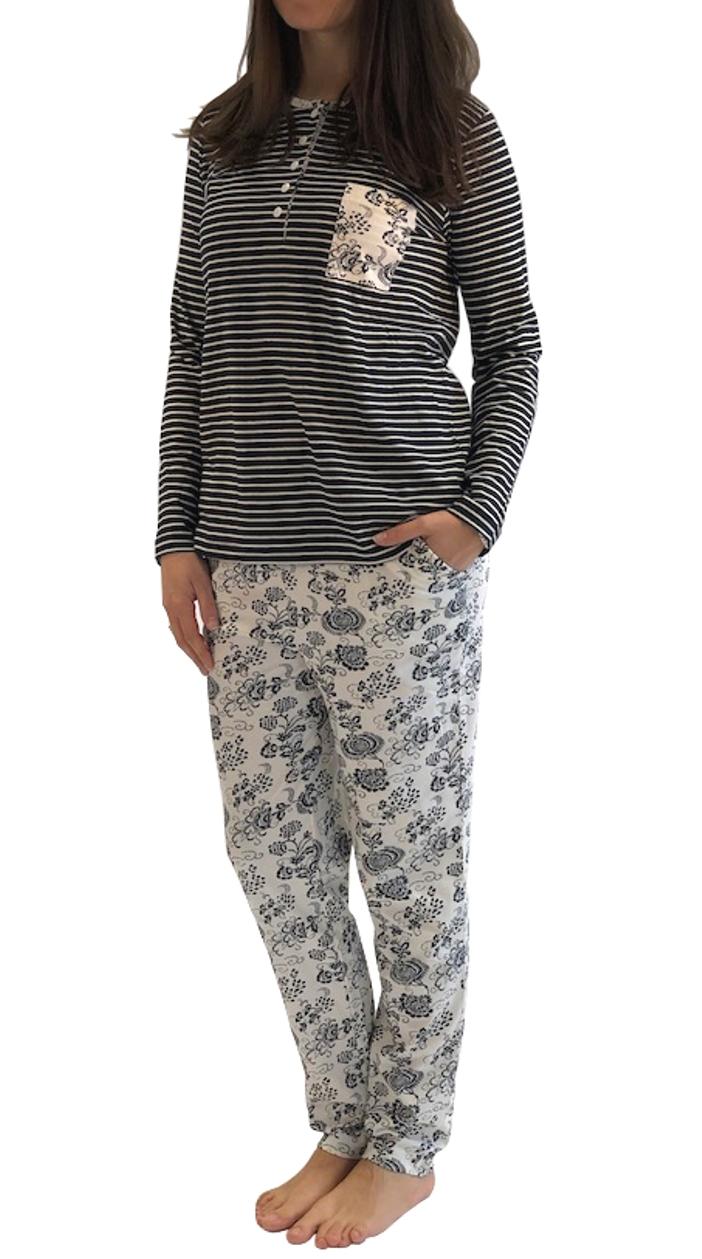 Normann Damen Pyjama lang, Oberteil gestreift, Hose Blümchenmuster – 191 201 90 881