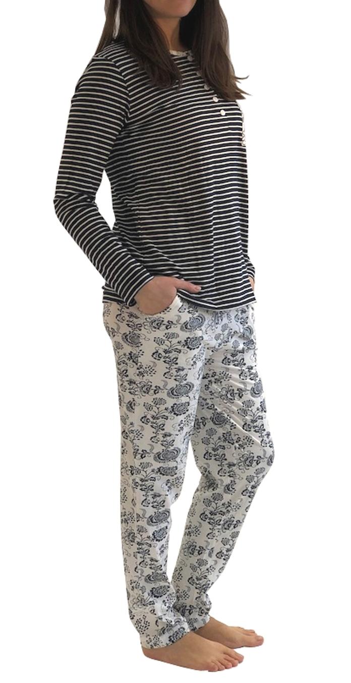 Normann Damen Pyjama lang, Oberteil gestreift, Hose Blümchenmuster – 191 201 90 881