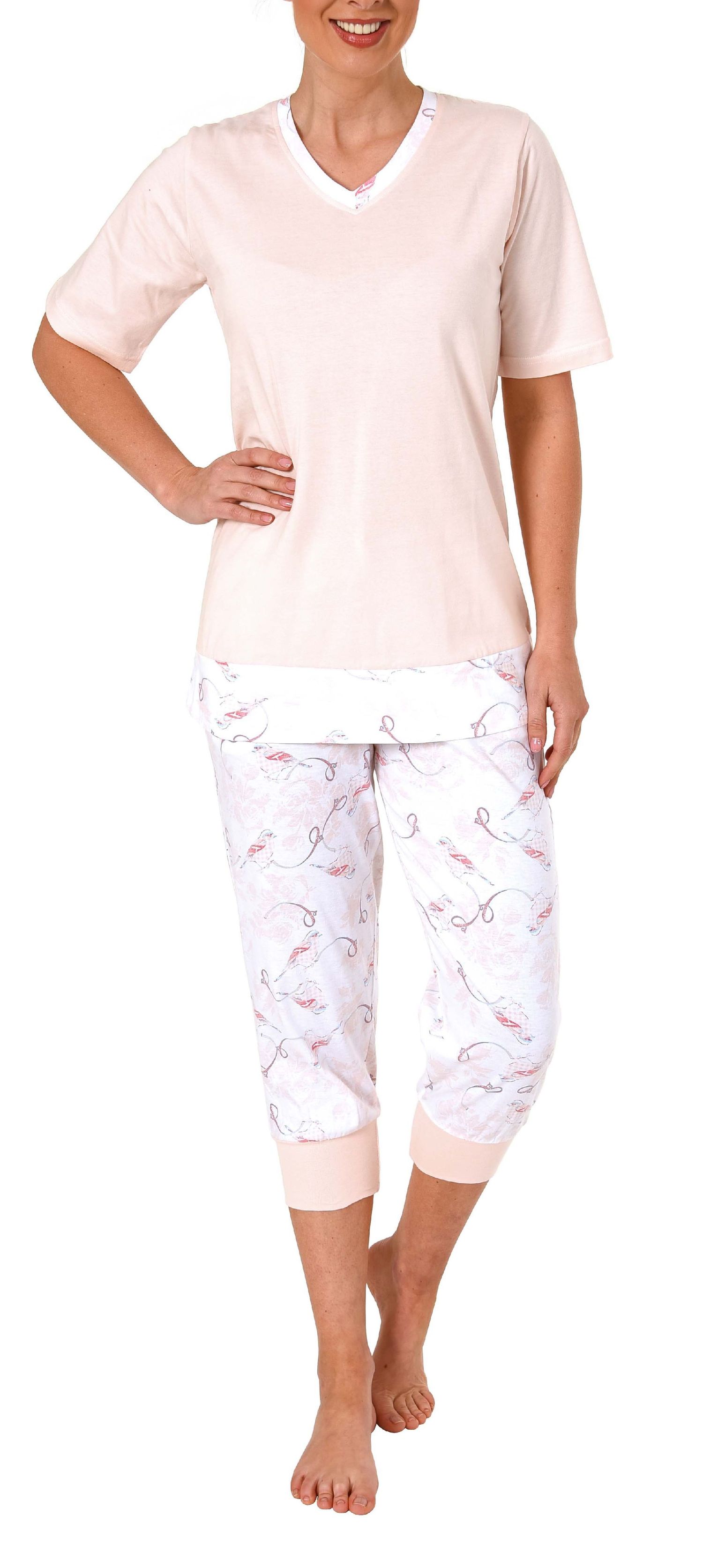 Eleganter Damen Capri Pyjama Schlafanzug kurzarm, Caprihose mit Bündchen, florales Muster 191 204 90 106