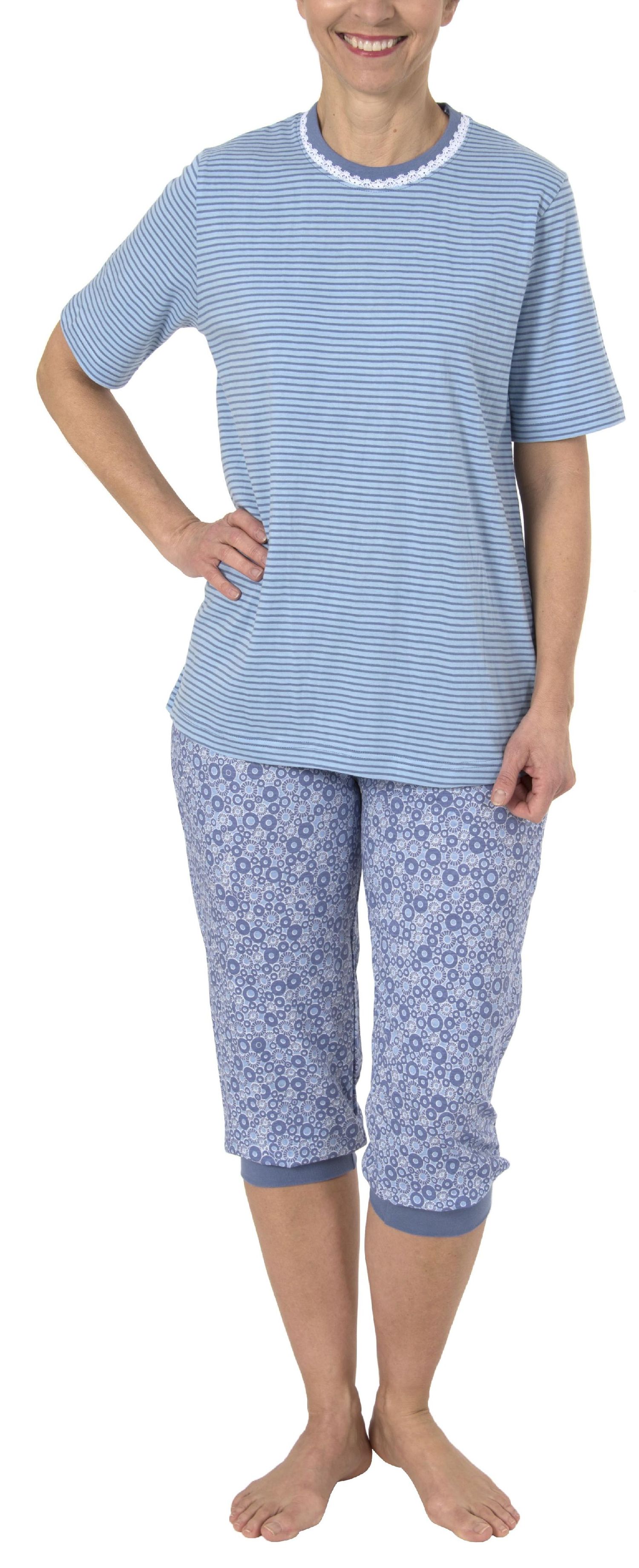 Damen Capri Pyjama kurzarm und mit Spitzenbesatz– auch in Übergrössen bis Grösse 60/62 - 191 204 90 838