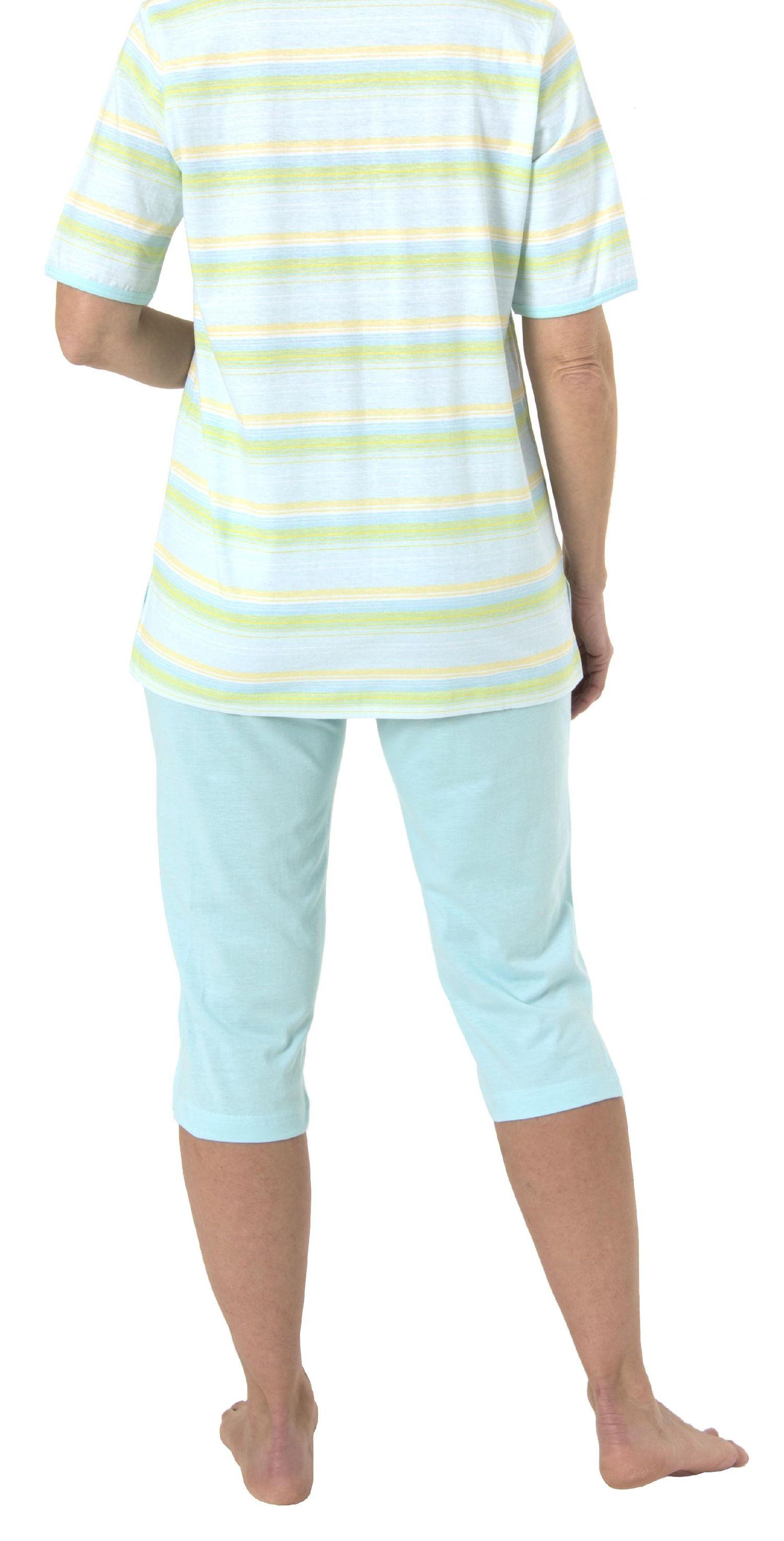 Damen Capri Pyjama Schlafanzug kurzarm in zarter pastellfarbenen Streifenoptik 204 90 863