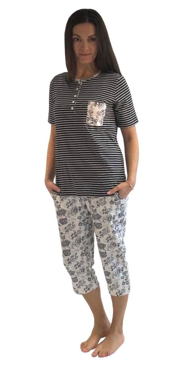 Normann Damen Capri-Pyjama kurzarm, Oberteil gestreift, Capri-Hose mit Blümchenmuster 191 204 90 881