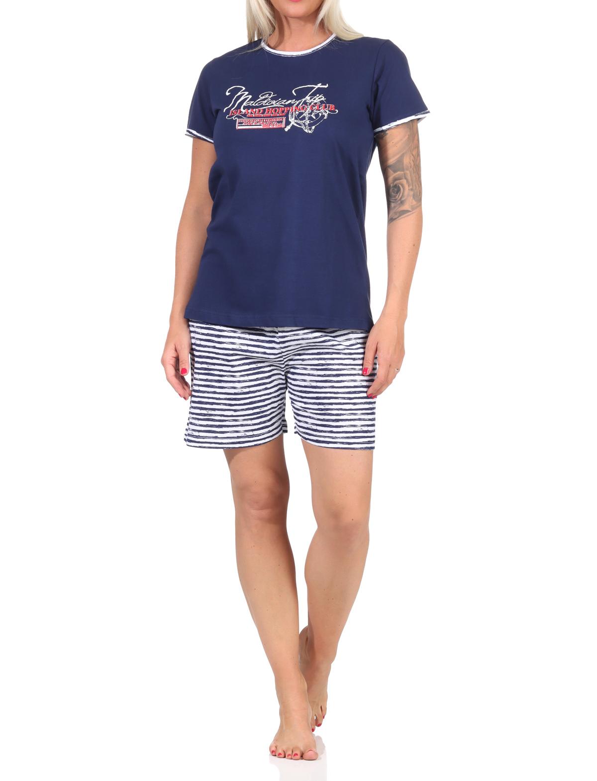 Maritimer Damen Shorty kurzarm, gestreifte Shorts und Front-Print - 60888