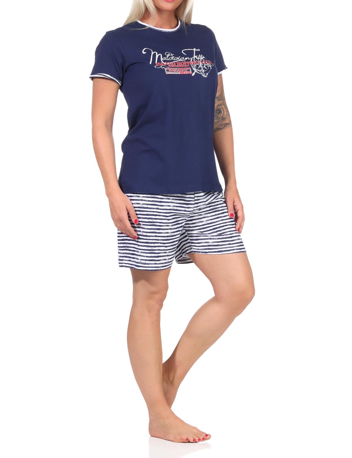 Maritimer Damen Shorty kurzarm, gestreifte Shorts und Front-Print - 60888