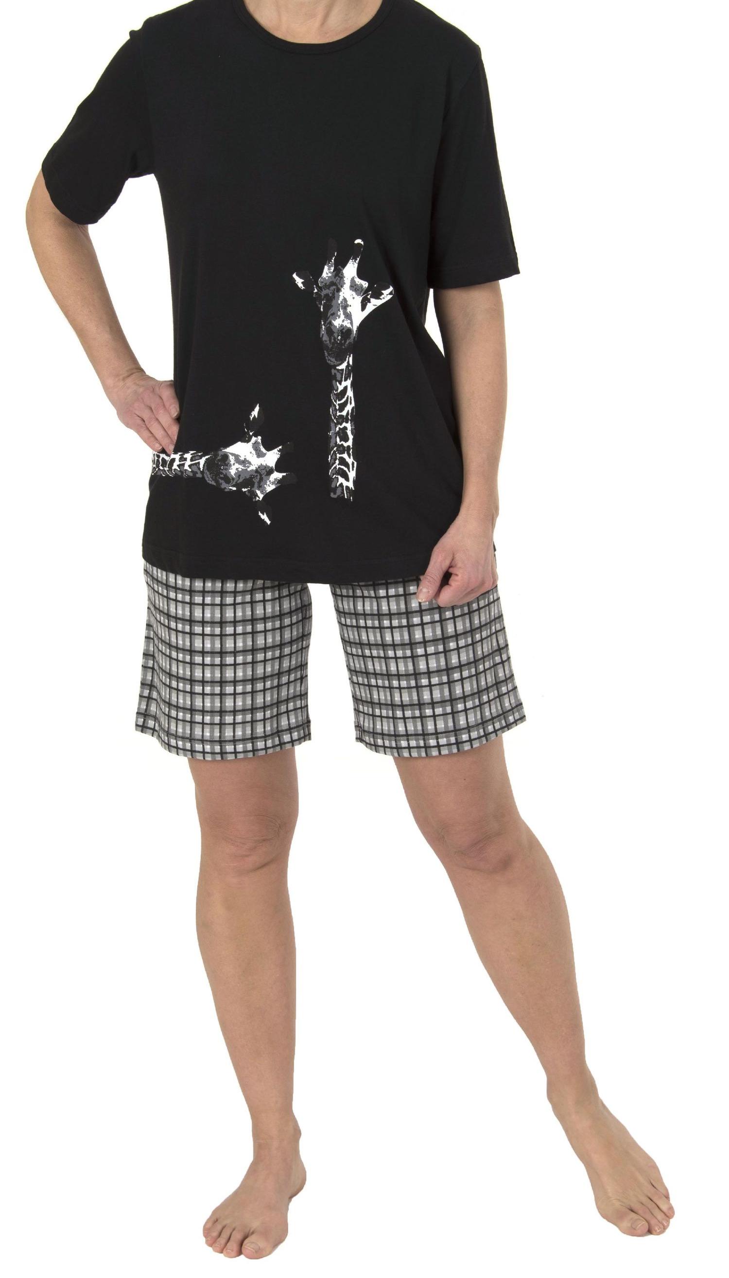Damen Shorty Pyjama kurzarm, kurze Hose mit Karomuster, Giraffenmotiv, auch in Übergrössen 191 205 90 100