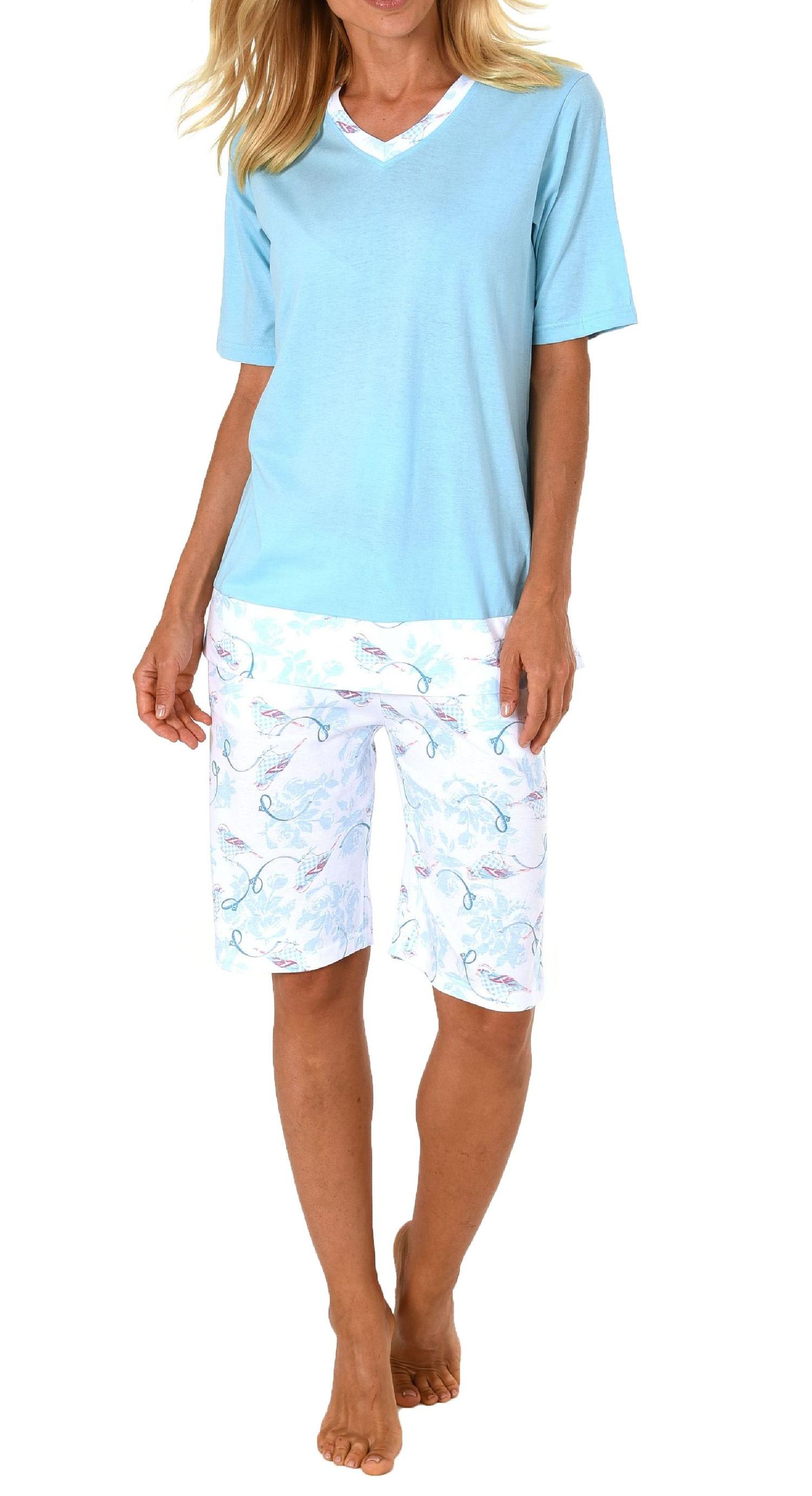 Eleganter Damen Shorty Pyjama Schlafanzug kurzarm, T-Shirt Top mit floralem Muster - 191 205 90 106