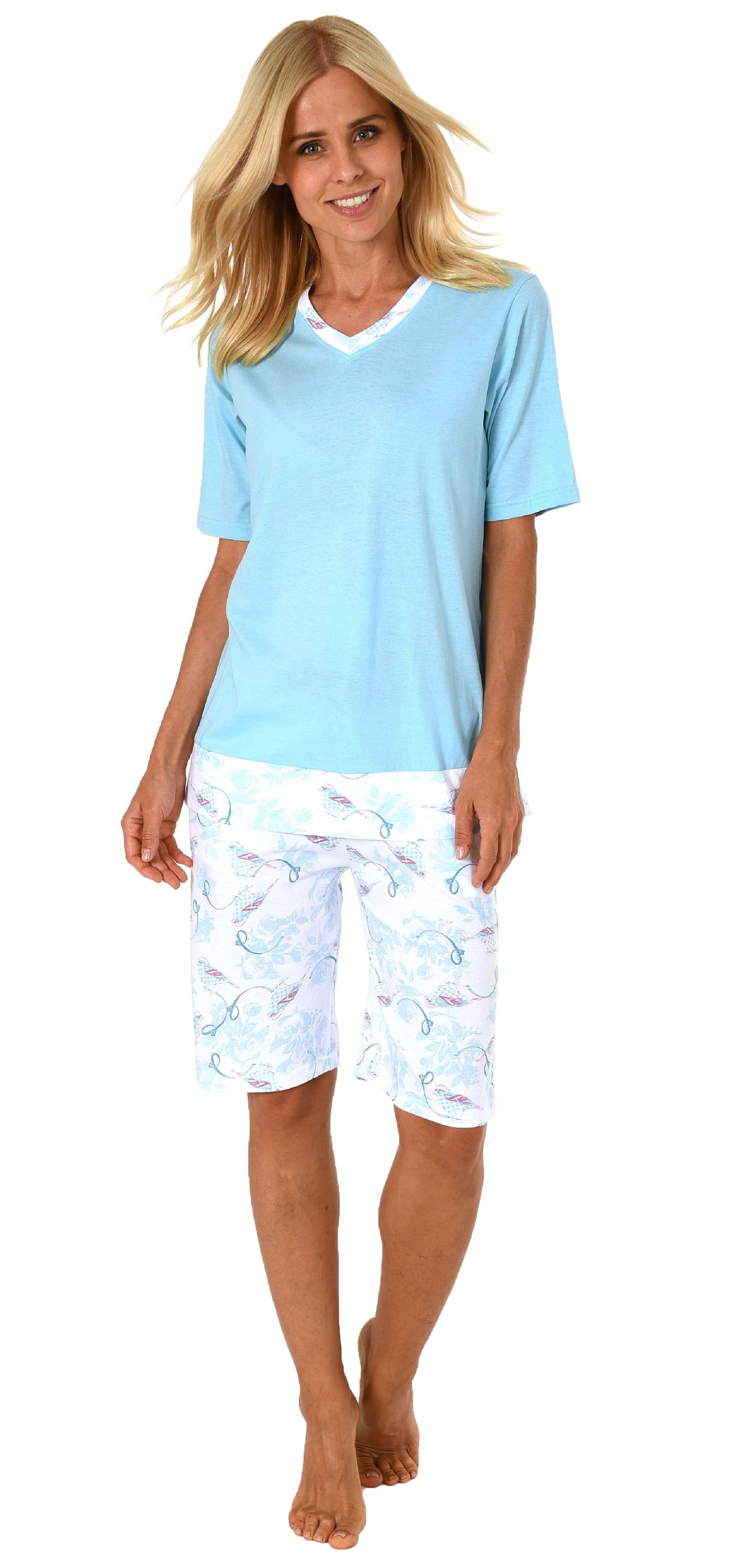 Eleganter Damen Shorty Pyjama Schlafanzug kurzarm, T-Shirt Top mit floralem Muster - 191 205 90 106