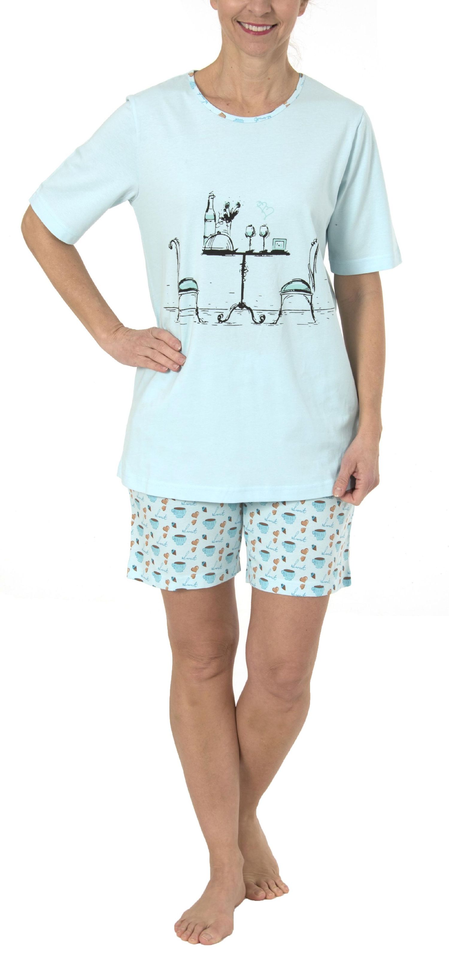 Lässiger Damen Shorty Pyjama Schlafanzug kurzarm mit verspielten Motiv -191 205 90 206 