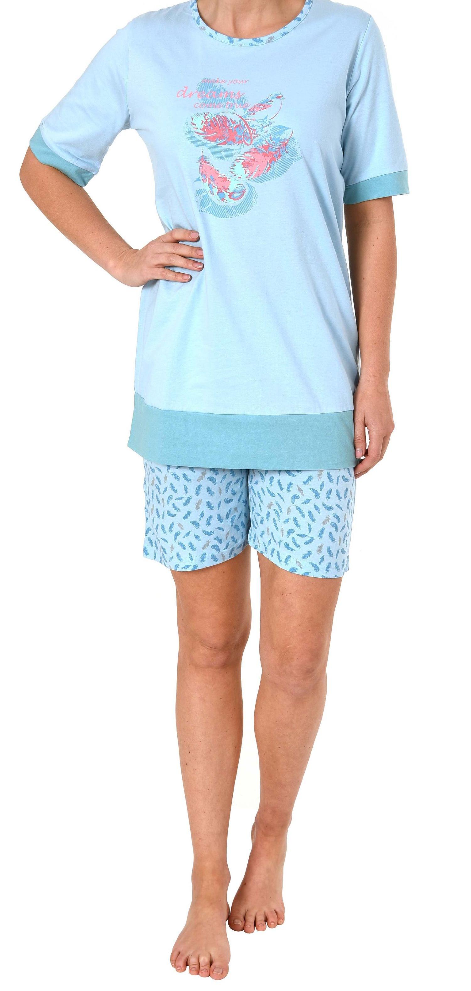 Damen Shortie Pyjama Schlafanzug kurzarm von Normann, Federn als Motiv - 191 205 90 212