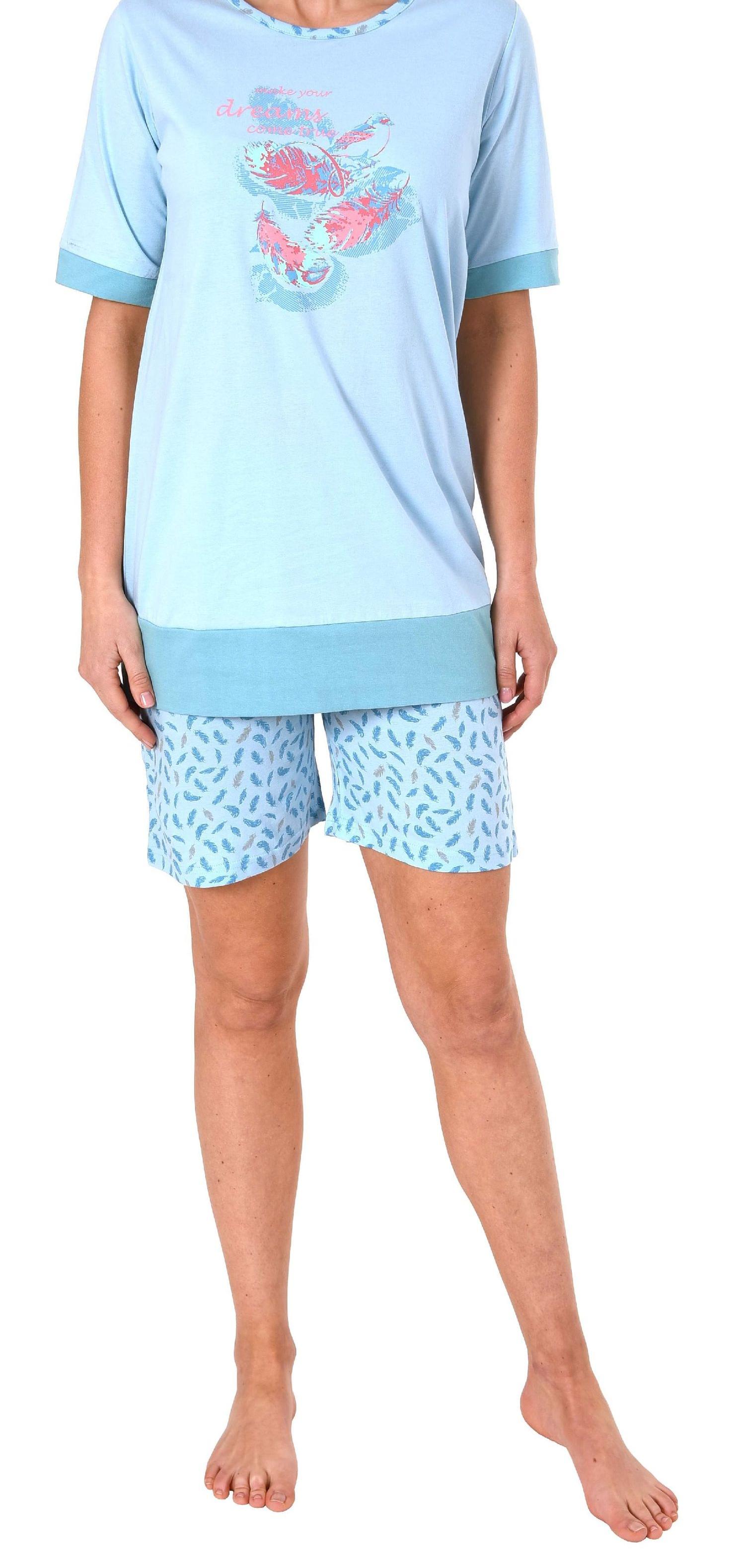 Damen Shortie Pyjama Schlafanzug kurzarm von Normann, Federn als Motiv - 191 205 90 212
