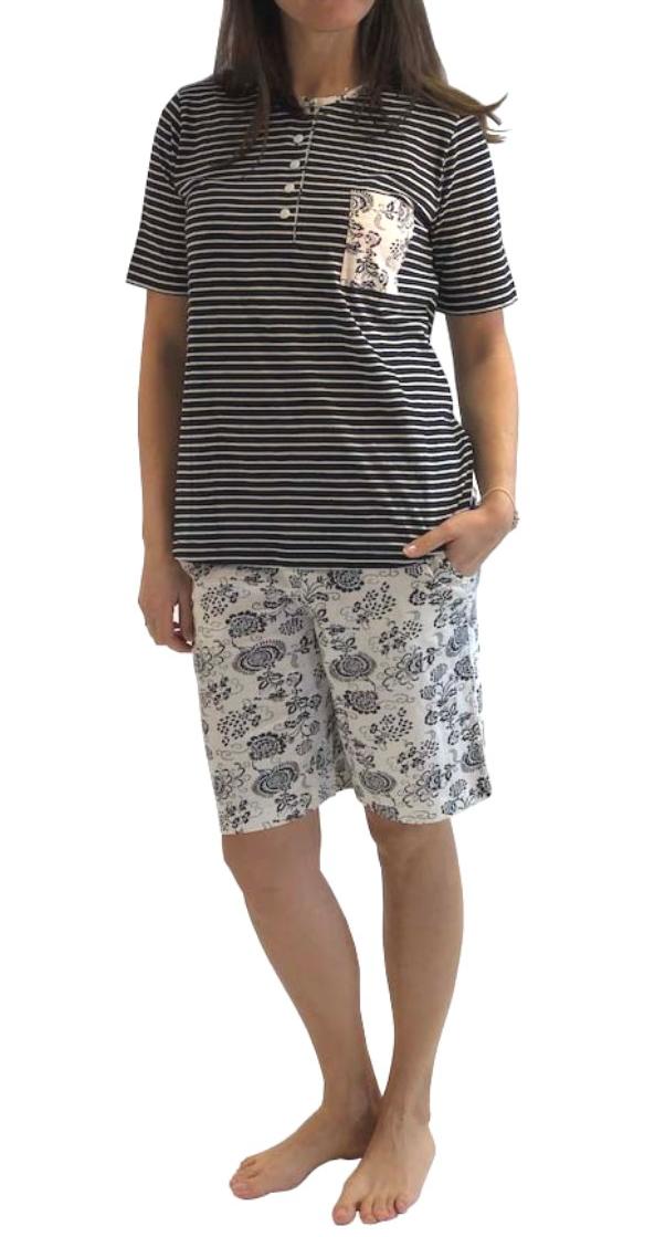 Damen Shorty-Pyjama kurzarm, Oberteil gestreift, kurze Shorts Hose mit Blümchenmuster 191 205 90 881