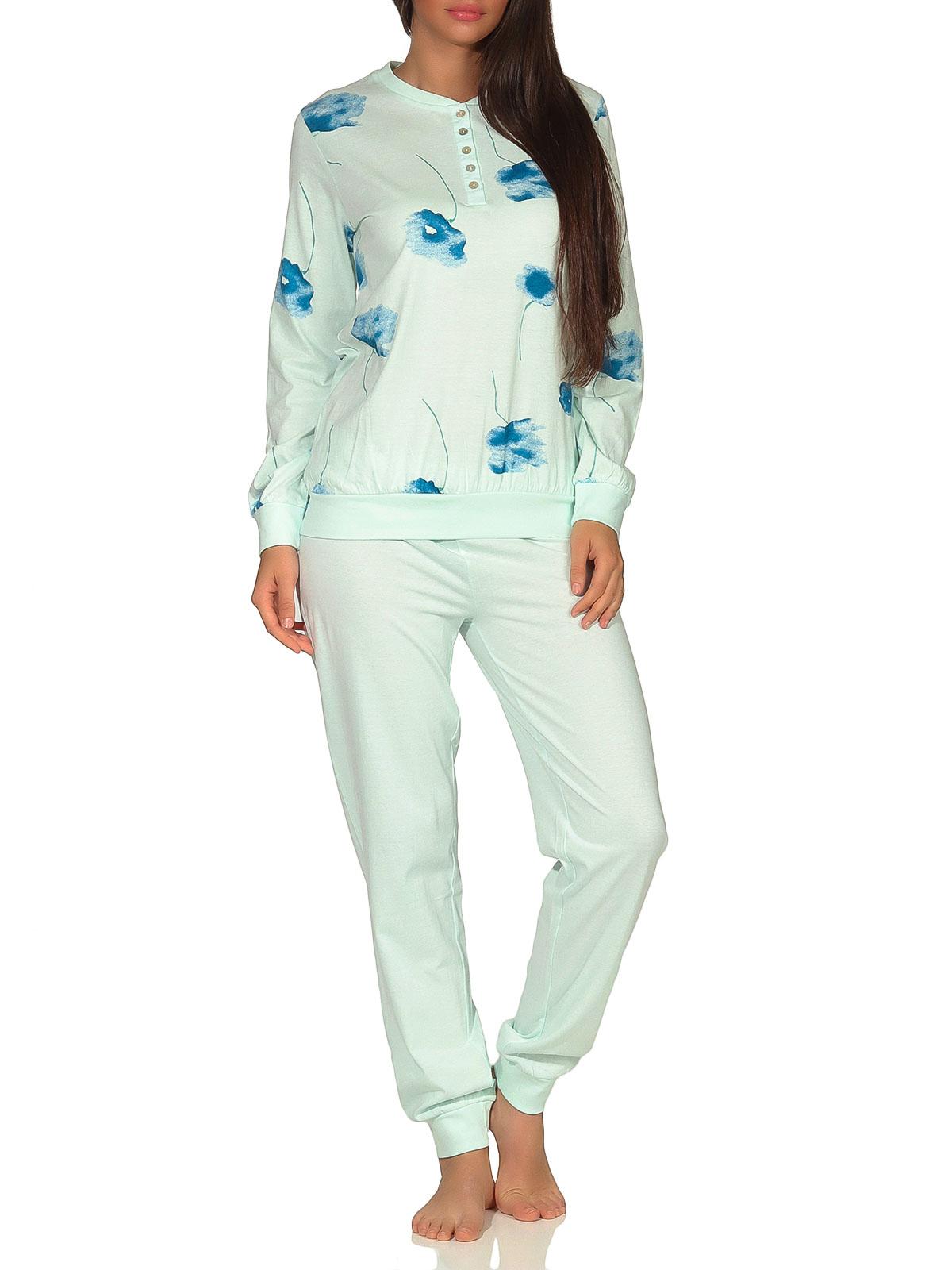 Eleganter Damen Pyjama Schlafanzug langarm mit Bündchen  und Blumenprint - 291 201 90 193