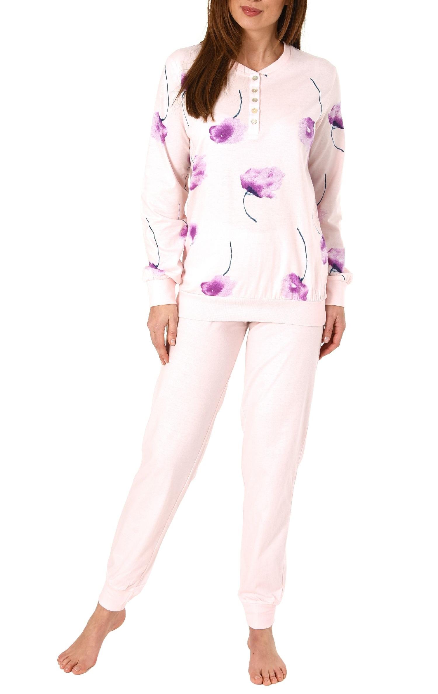 Eleganter Damen Pyjama Schlafanzug langarm mit Bündchen  und Blumenprint - 291 201 90 193