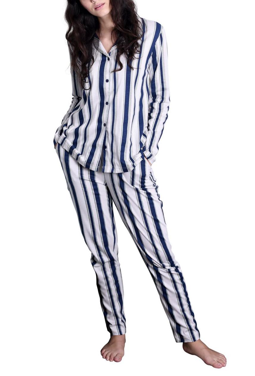 Damen Pyjama Streifenoptik Schlafanzug zum durchknöpfen - klassische Form mit Reverskragen