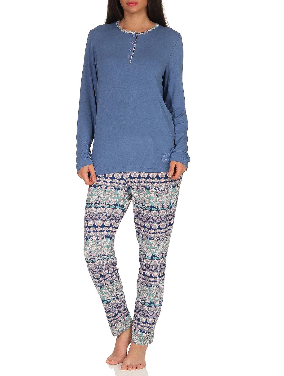 Eleganter Damen Pyjama Schlafanzug lang mit Knopfleiste und gemusterter Hose - 291 90 418