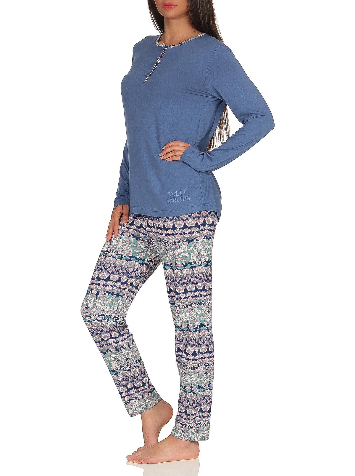 Eleganter Damen Pyjama Schlafanzug lang mit Knopfleiste und gemusterter Hose - 291 90 418