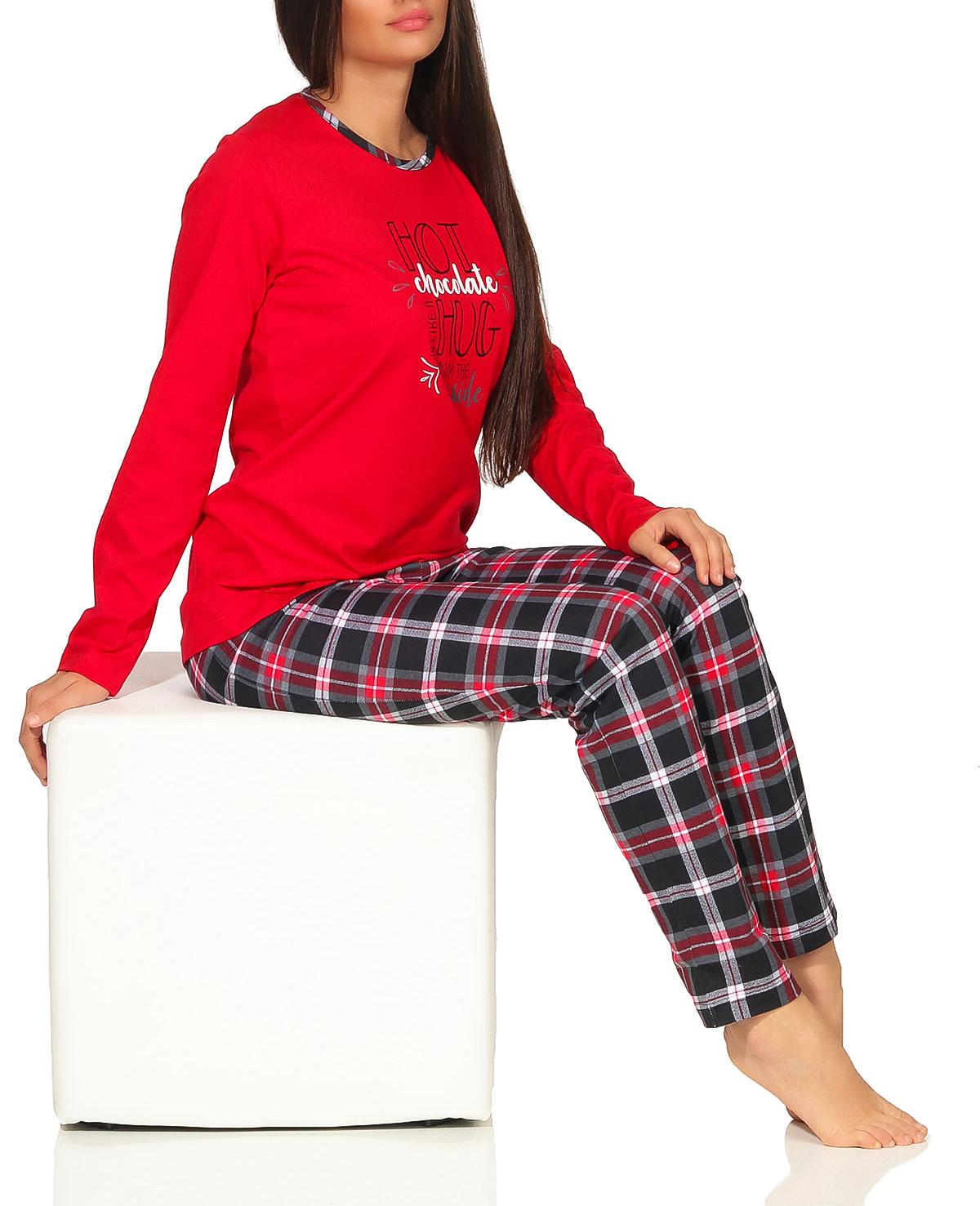 Damen Pyjama lang mit Karohose und Frontprint - auch in Übergrössen bis Gr. 60/62 - 291 201 90 820 Damen Pyjama lang mit Karohose und Frontprint - auch in Übergrössen bis Gr. 60/62