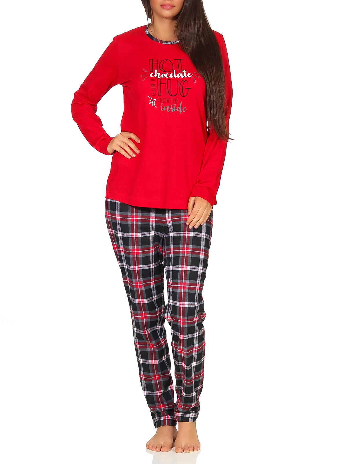 Damen Pyjama lang mit Karohose und Frontprint - auch in Übergrössen bis Gr. 60/62