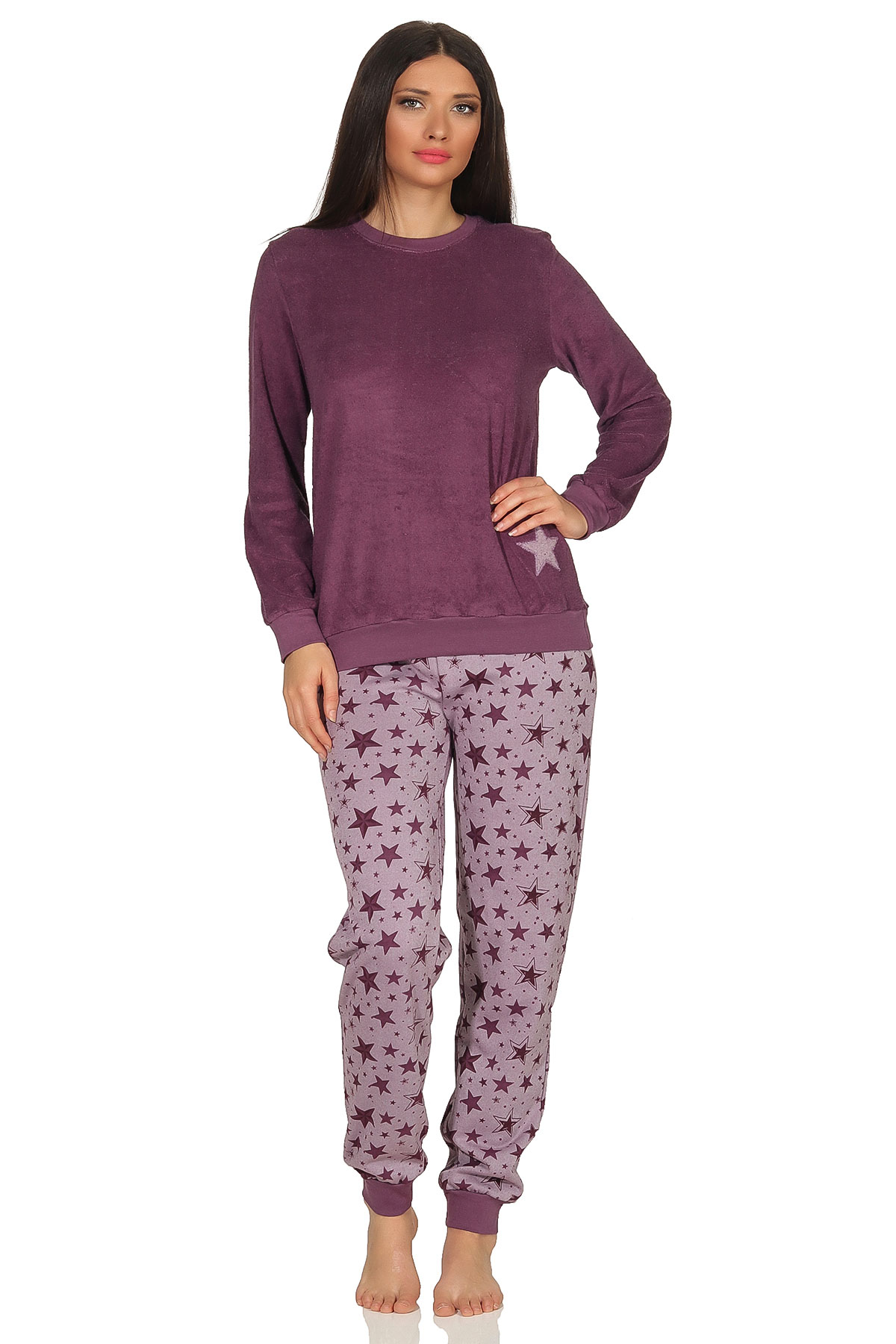 Damen Frottee Pyjama Schlafanzug mit Bündchen Sterne als Motiv - auch in Übergrößen 93020 Damen Frottee Pyjama Schlafanzug mit Bündchen Sterne als Motiv - auch in Übergrößen 93020