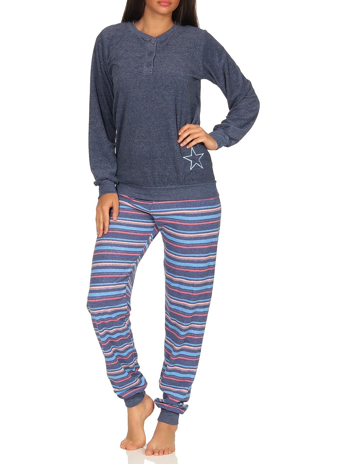 Damen Frottee Pyjama lang mit Bündchen - Hose gestreift - auch in Übergrössen - 291 93 236