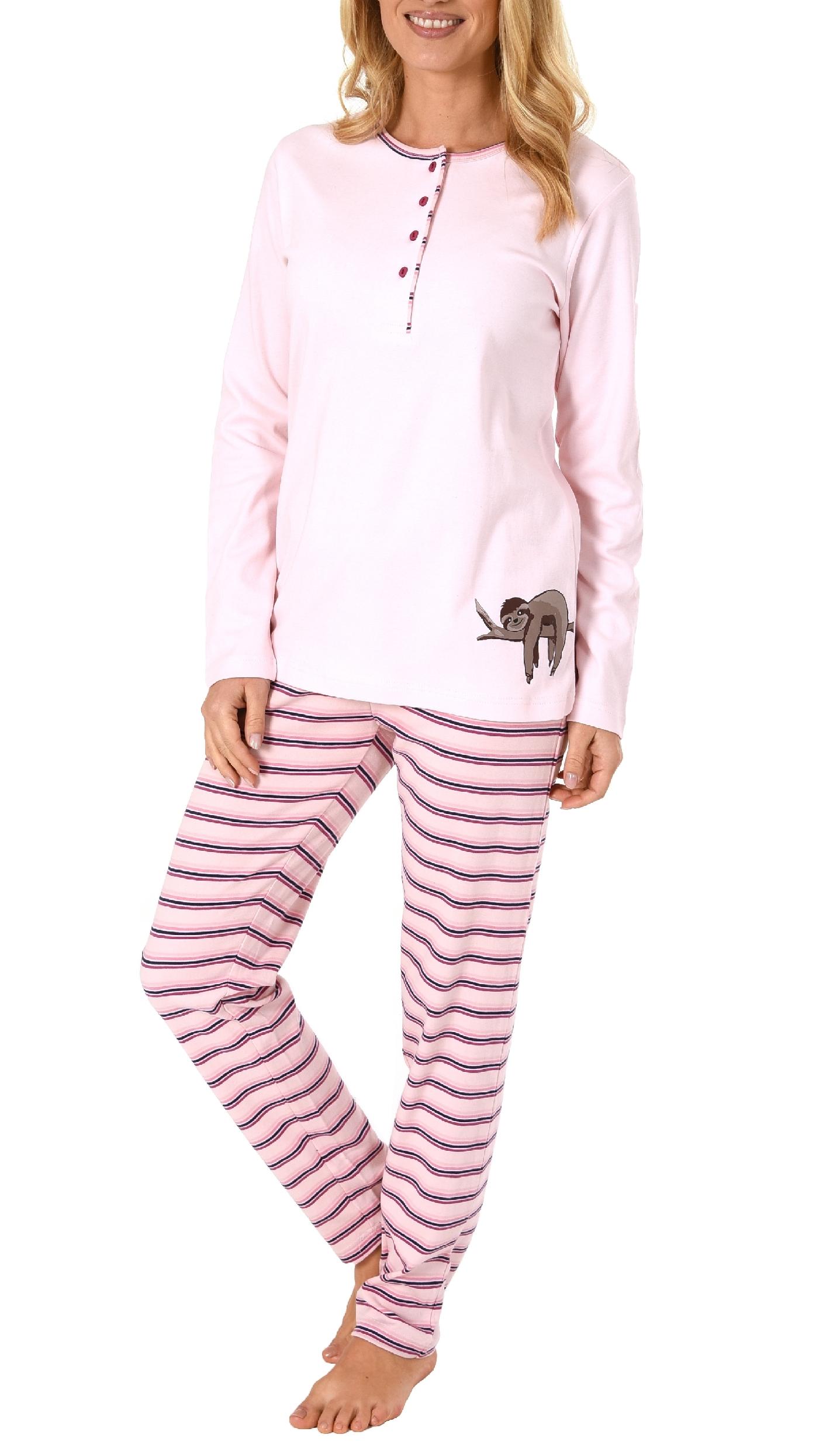 Damen Pyjama Kuschelinterlock Hose gestreift - süsses Faultier Tiermotiv - auch in Übergrössen