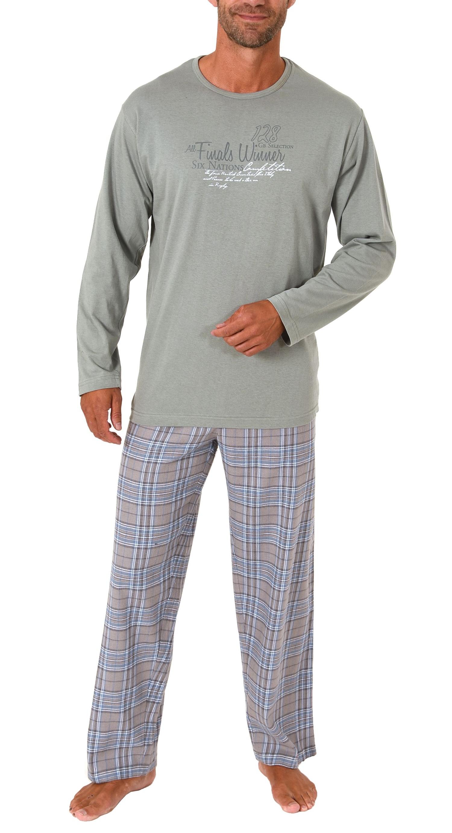 Herren Schlafanzug Pyjama langarm mit Flanell Hose, Oberteil unifarben - 202 101 10 602