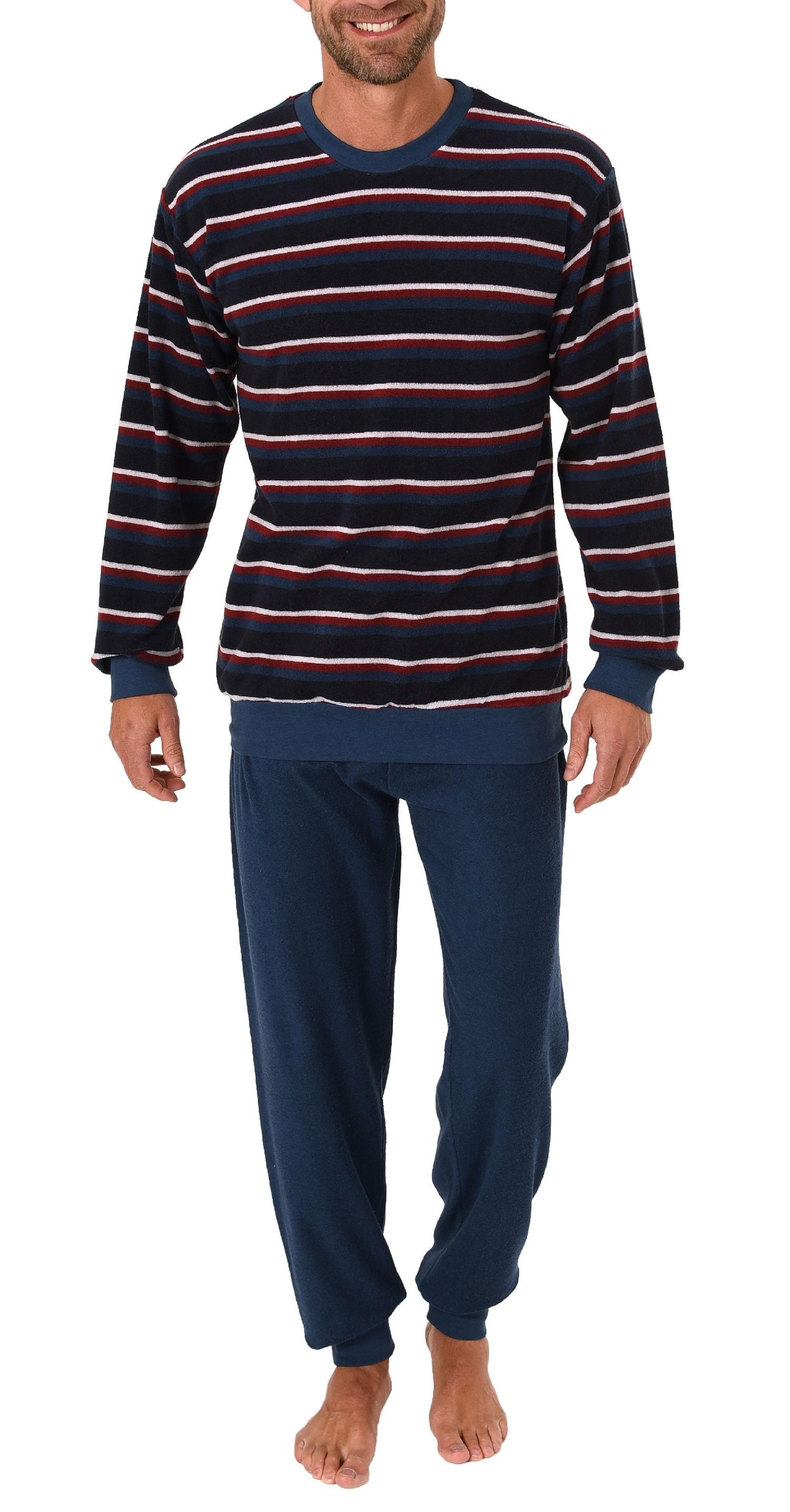 Herren Frottee Pyjama langarm Schlafanzug mit Bündchen in Streifenoptik - 291 101 13 578
