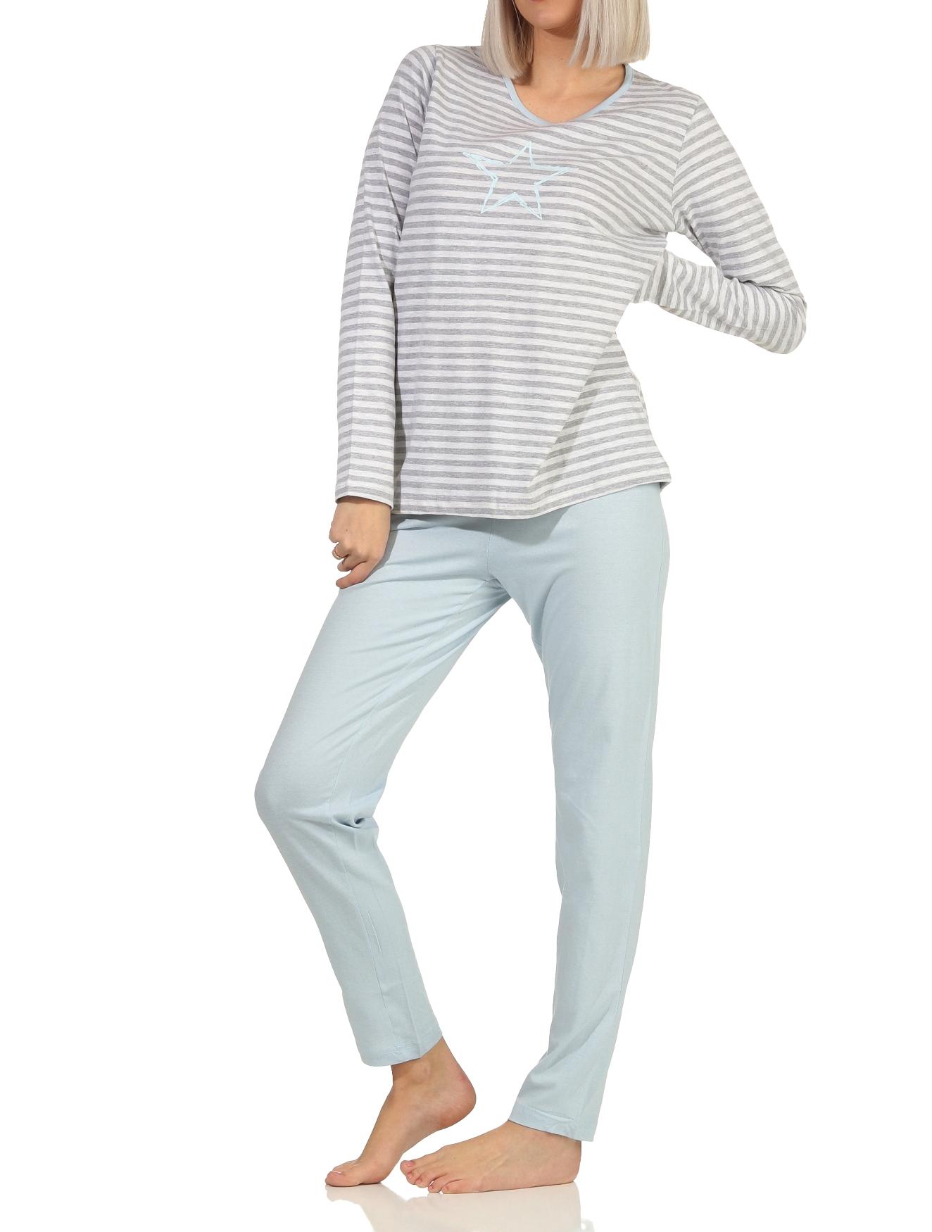 Eleganter Damen Pyjama langarm Schlafanzug - Streifenoptik und Stern Motiv - 102 10 801