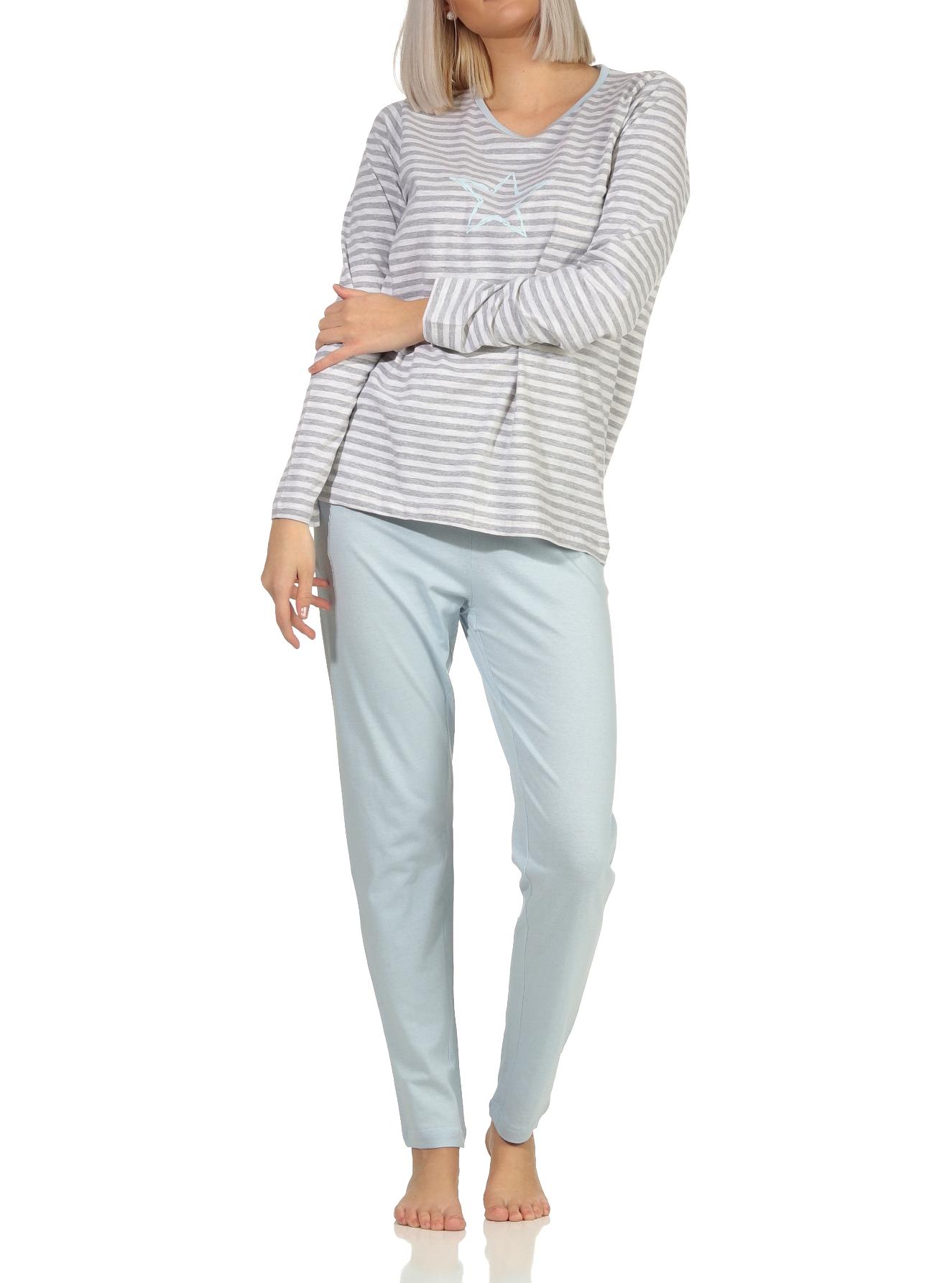 Eleganter Damen Pyjama langarm Schlafanzug - Streifenoptik und Stern Motiv - 102 10 801