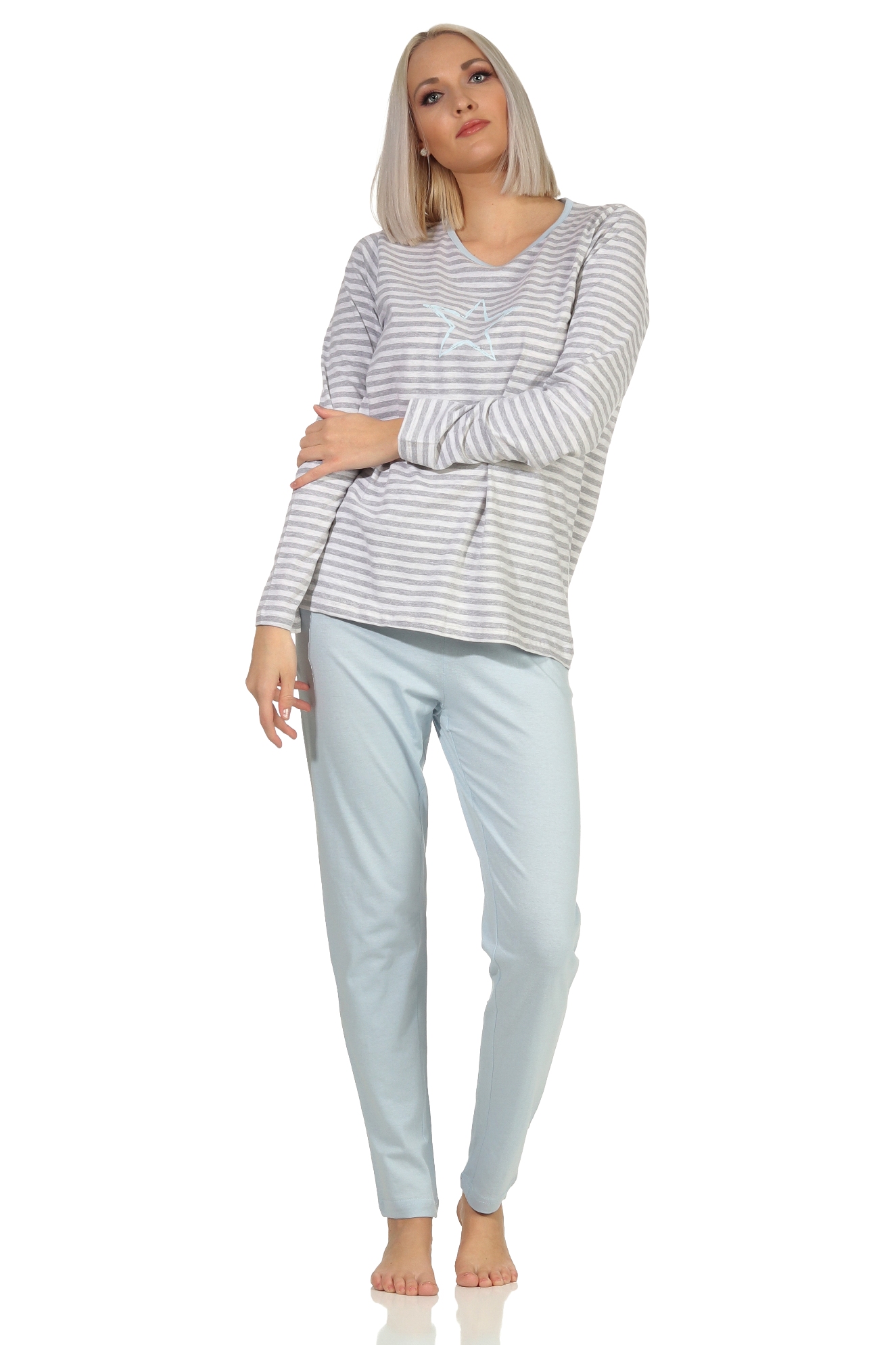 Eleganter Damen Pyjama langarm Schlafanzug - Streifenoptik und Stern Motiv - 102 10 801