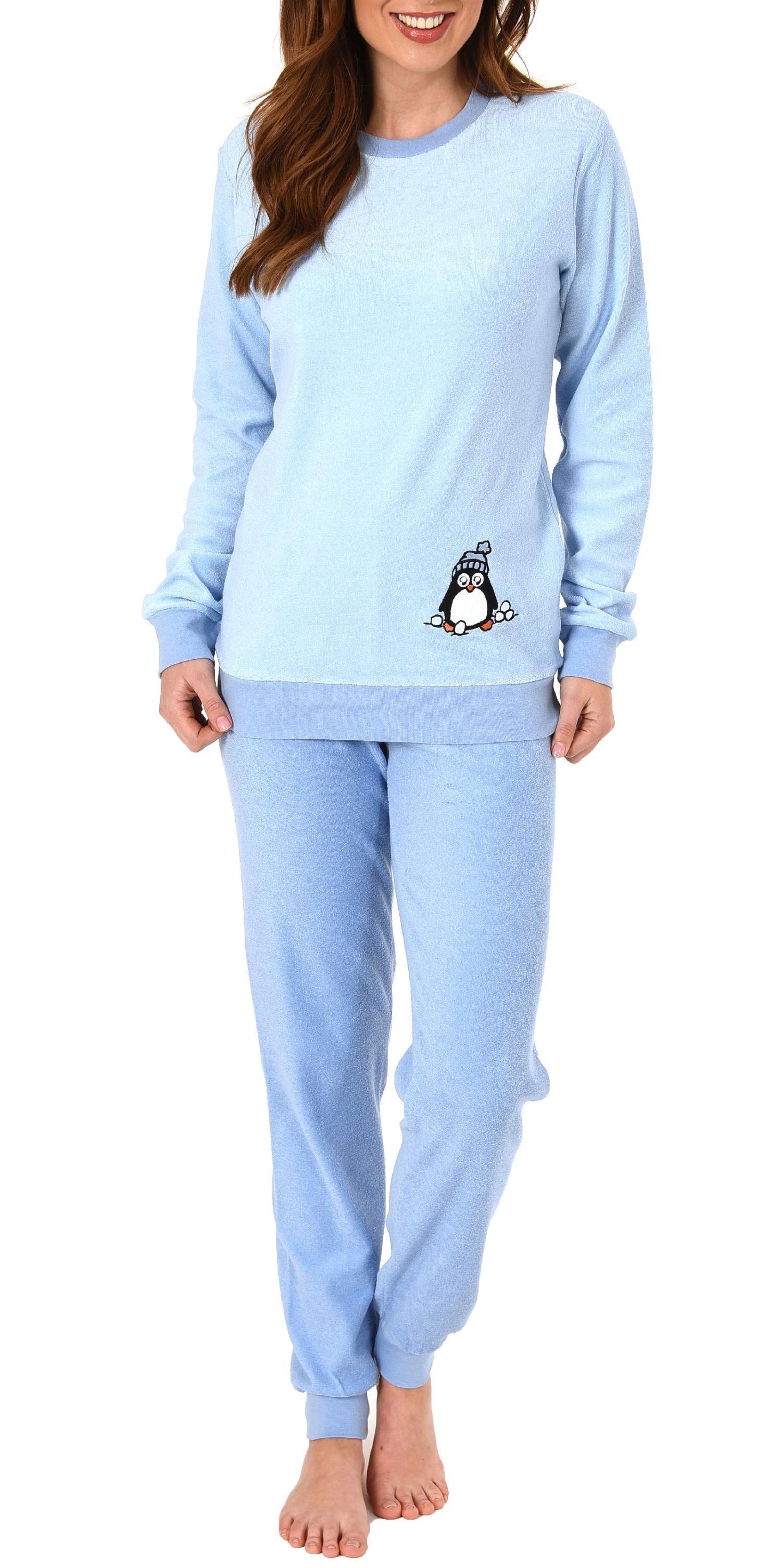 Damen Frottee Pyjama langarm Schlafanzug mit Bündchen und süßem Pinguin Motiv - 201 13 564