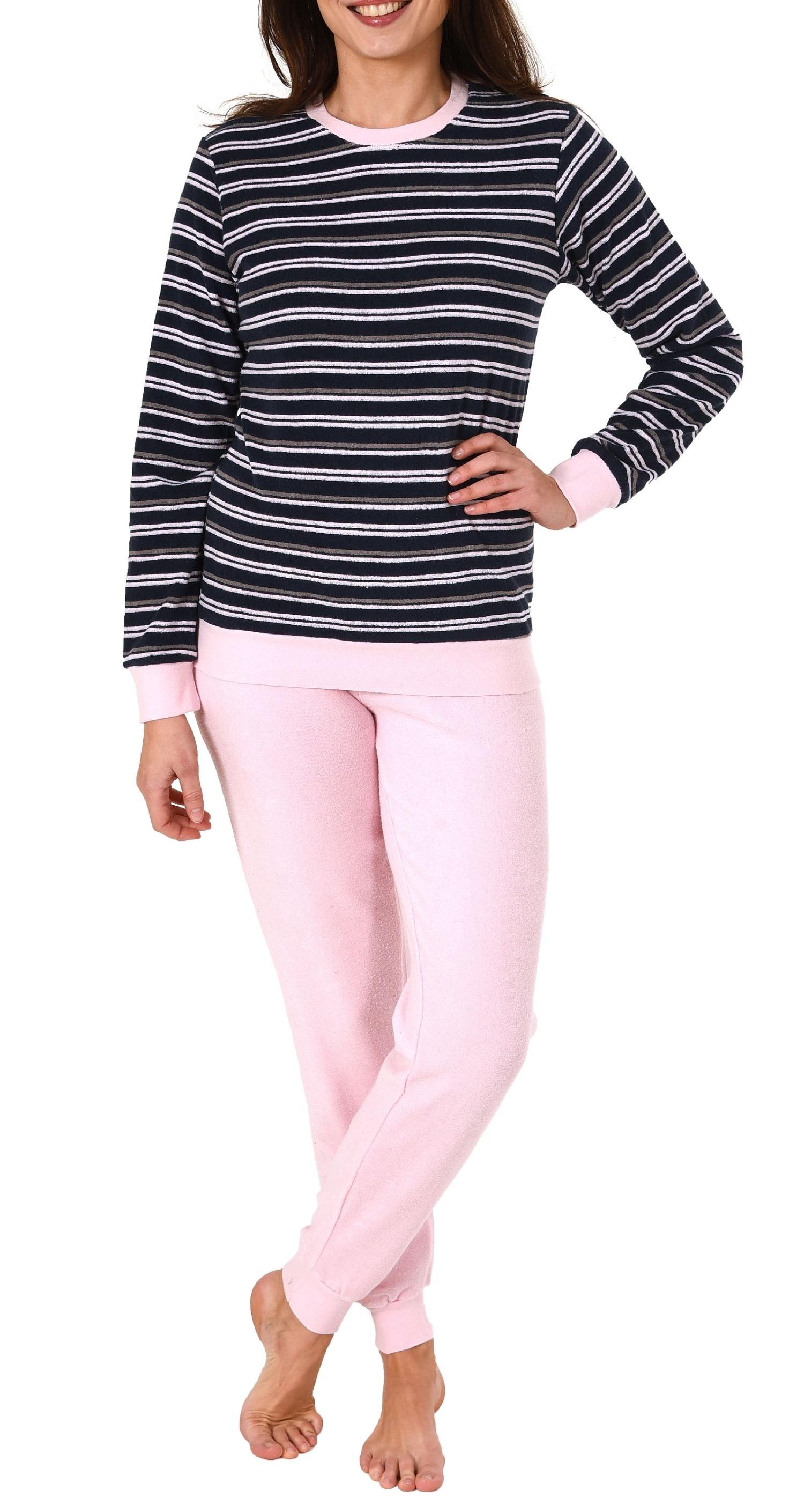Edler Damen Frottee Pyjama langarm Schlafanzug mit Bündchen in Streifenoptik - 291 13 569