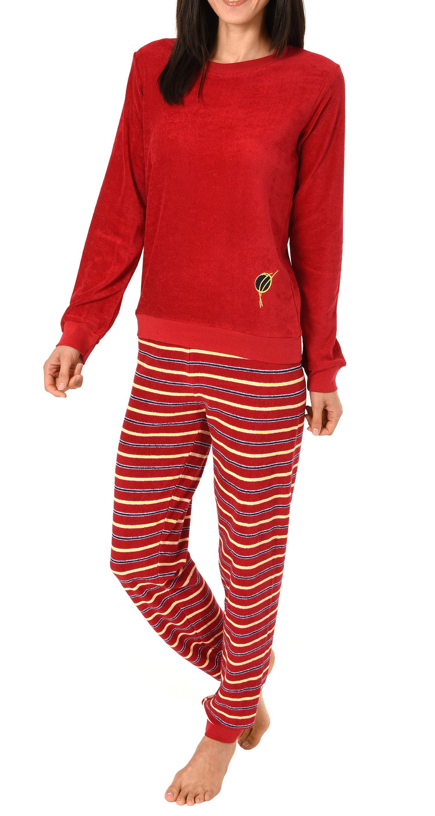 Damen Frottee Pyjama langarm mit Bündchen, Hose gestreift, Oberteil unifarben mit Motiv