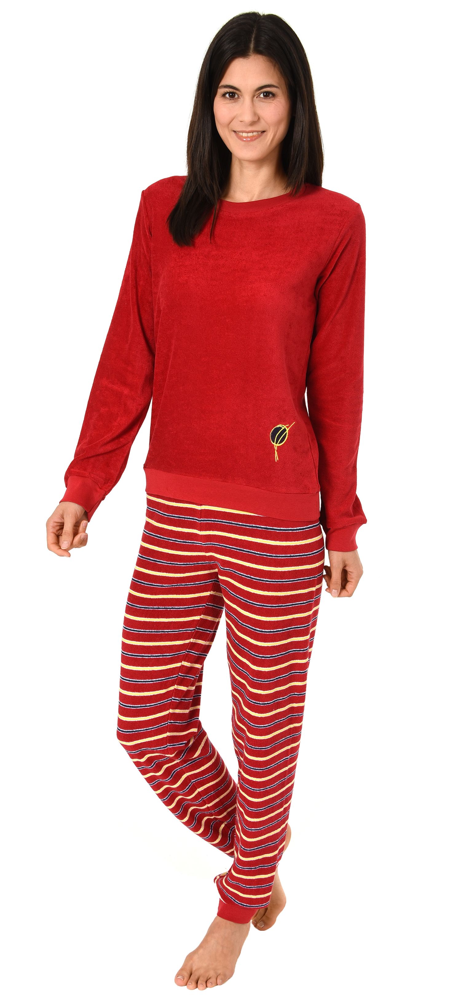Damen Frottee Pyjama langarm mit Bündchen, Hose gestreift, Oberteil unifarben mit Motiv