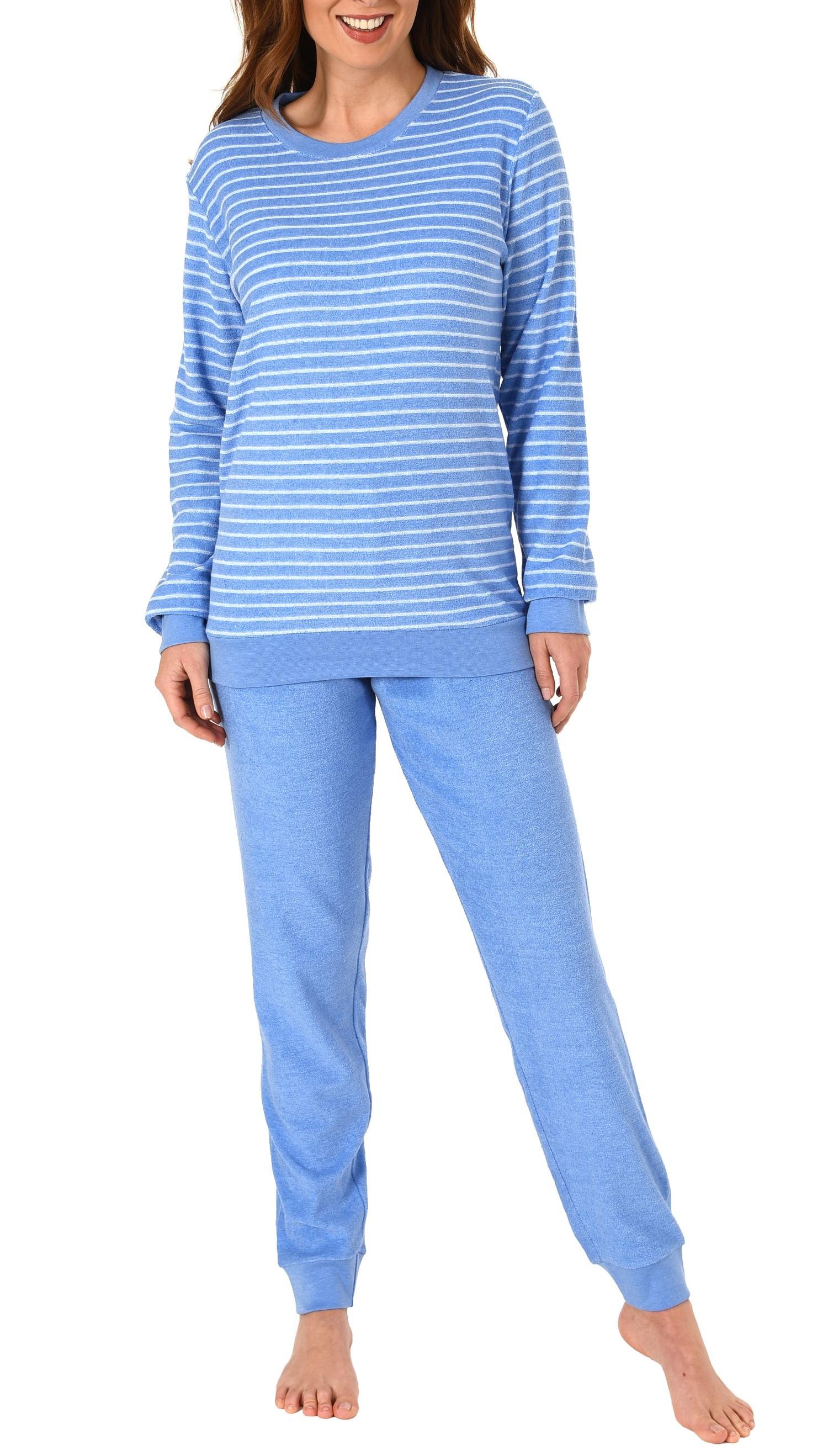 Wunderschöner Damen Frottee Pyjama mit Bündchen in Streifenoptik - 291 201 13 774
